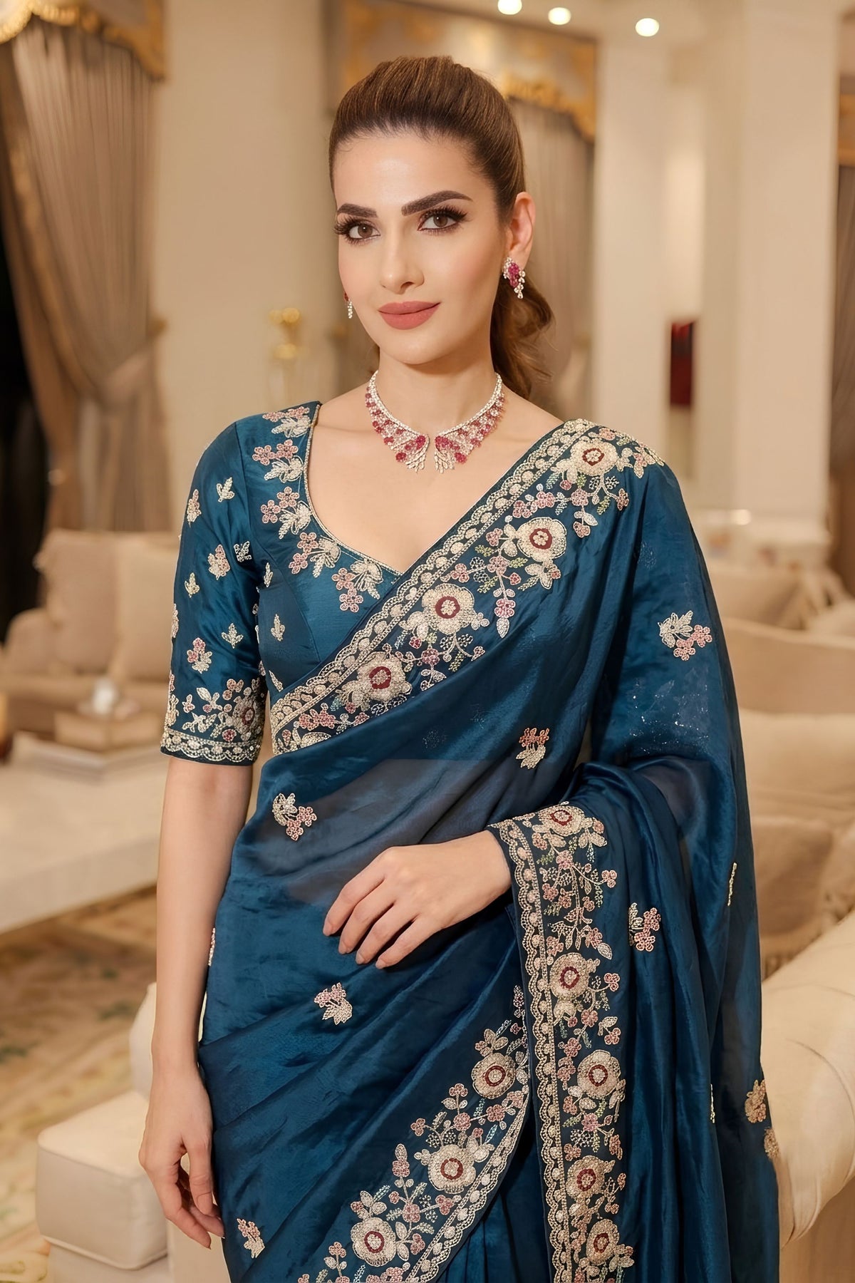 Stunning Teal Blue Pure Soft Tissue Silk Heavy Pallu Embroidery Saree for Women