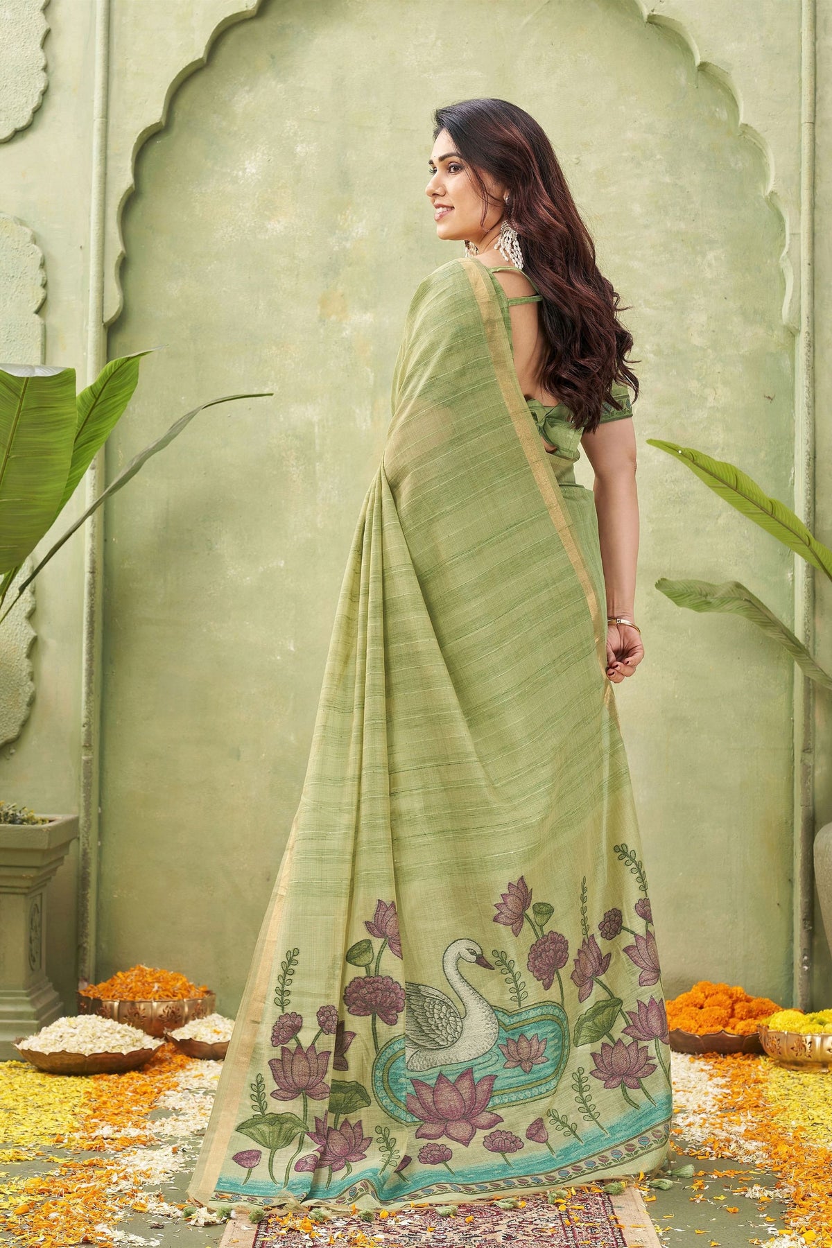 Lovely Pista Green Ghicha Cotton Woven Swan Lotus Designer Saree for Women