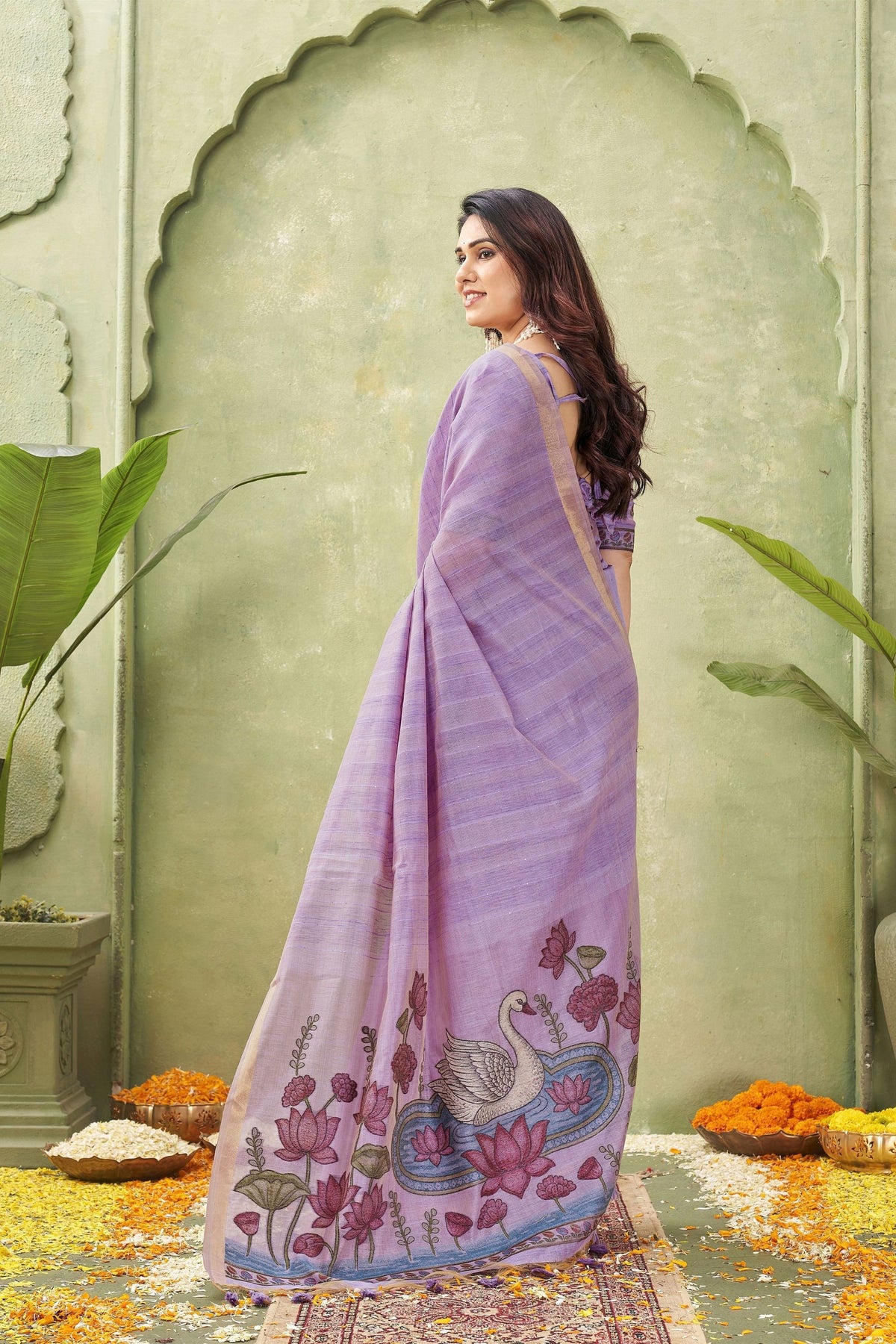 Stylish Lavender Ghicha Cotton Woven Swan Lotus Designer Saree for Women