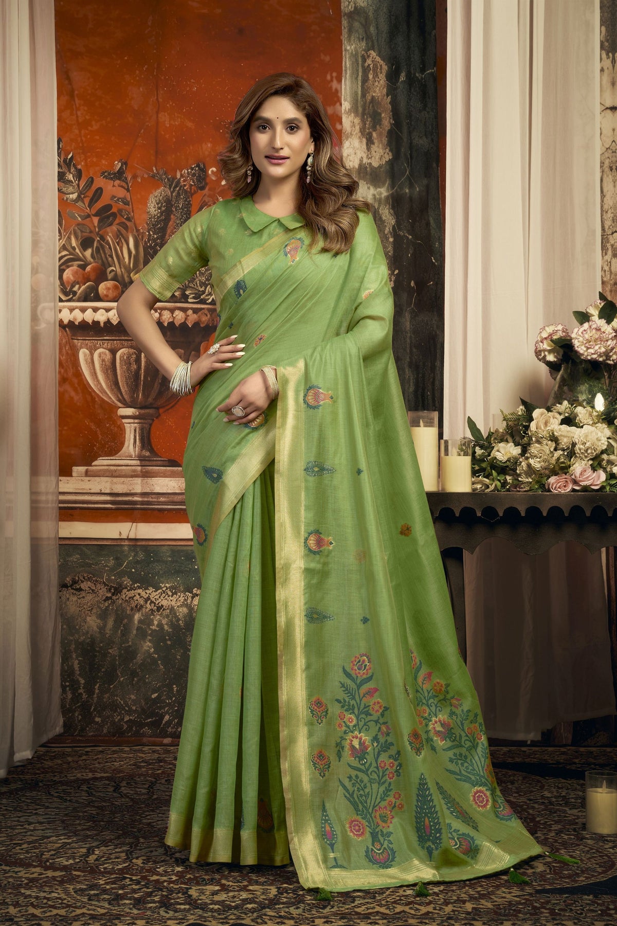Exquisite Green Pure Cotton Woven Designer Saree with Floral Print and Zari Border for Women