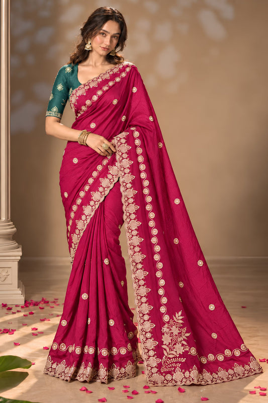 Exquisite Rani Pink Pure Chinon Silk Saree with Embroidery Work for Women