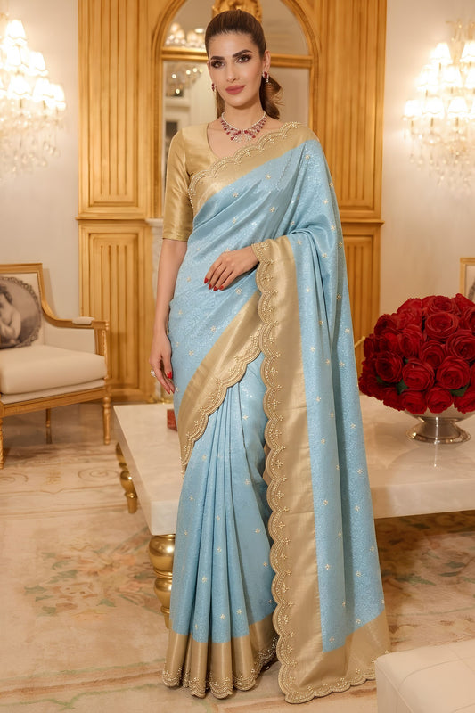 Elegant Ice Blue Pure Kanjivaram Silk Saree Embroidery Work for Women