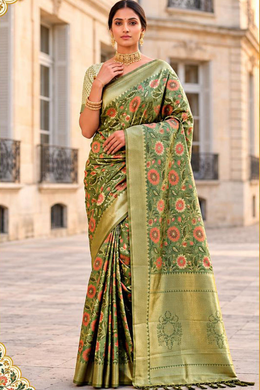 Graceful Olive Green Banarasi Silk Woven Saree for Women