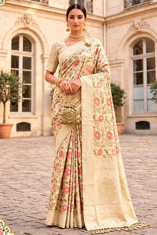 Exquisite Cream Banarasi Silk Woven Saree for Women