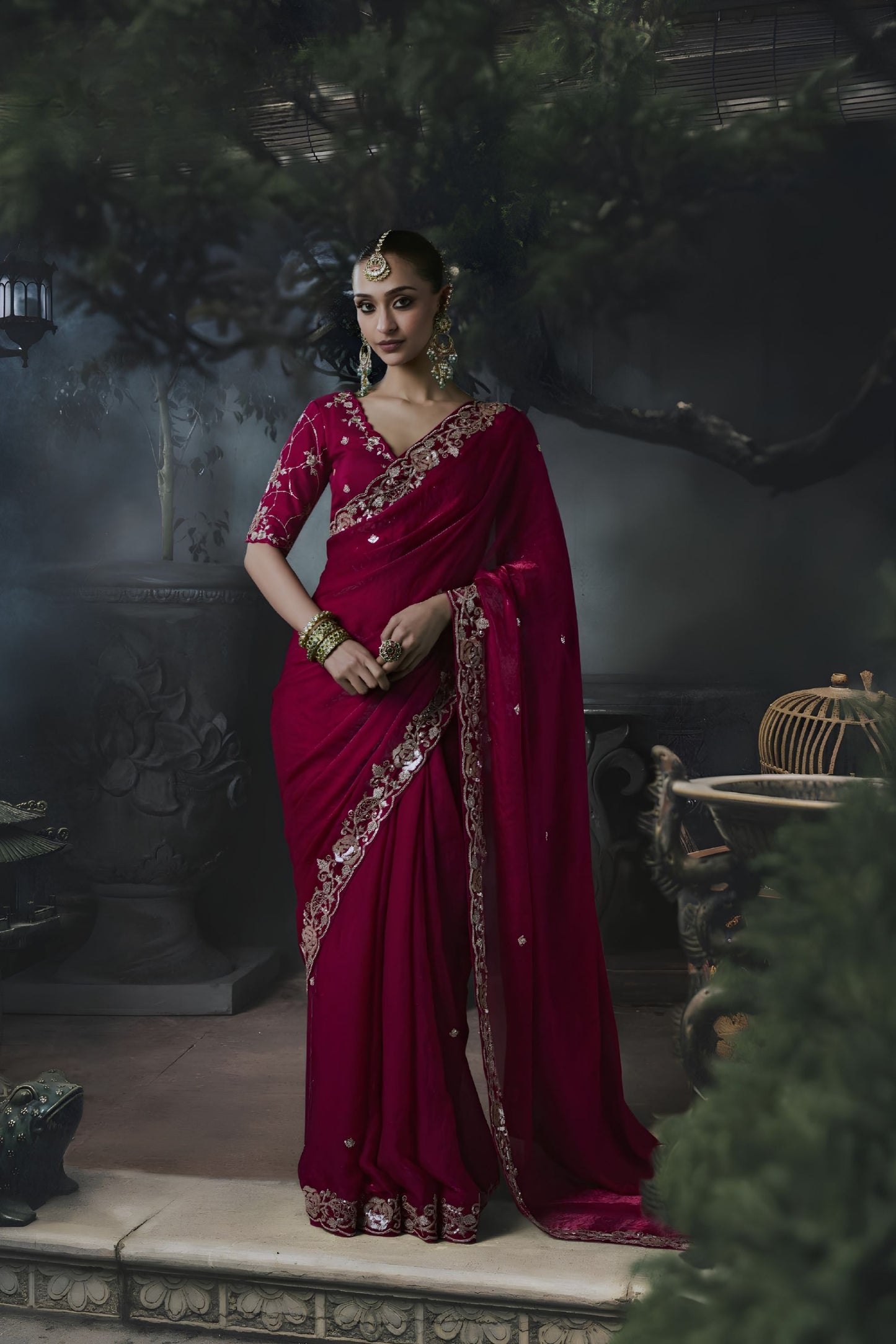 Beautiful Wine Soft Tissue Silk Embroidery Sequin Thread Work Saree