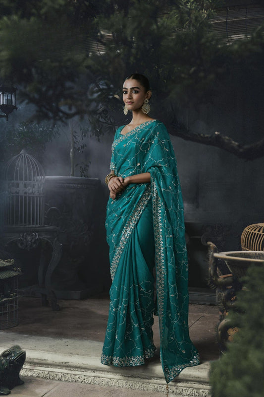 Stylish Teal Blue Soft Tissue Silk Embroidery Sequin Thread Work Saree