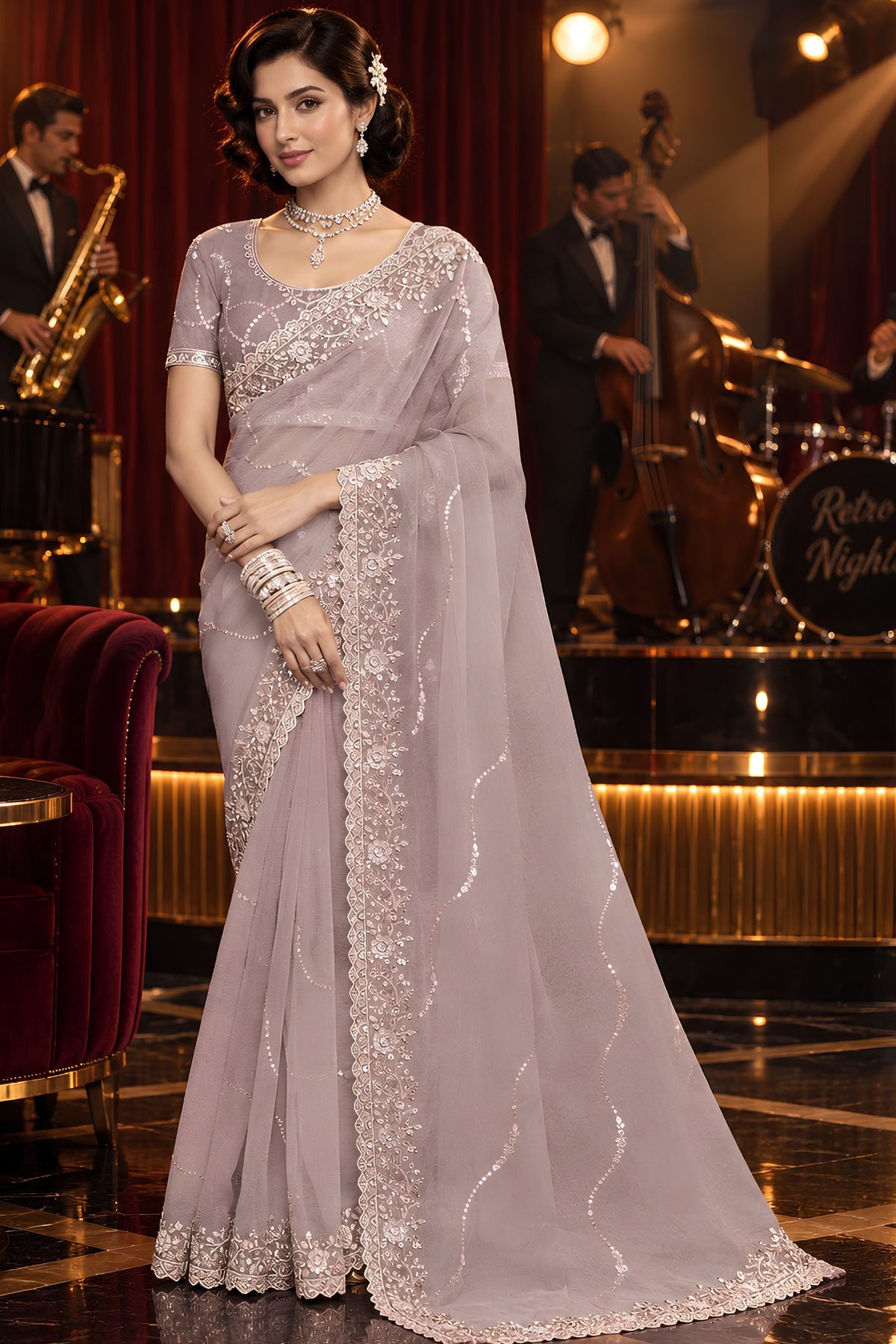 Exquisite Mauve Fancy Tissue Organza Net Sequin Embroidery Work Saree for Women