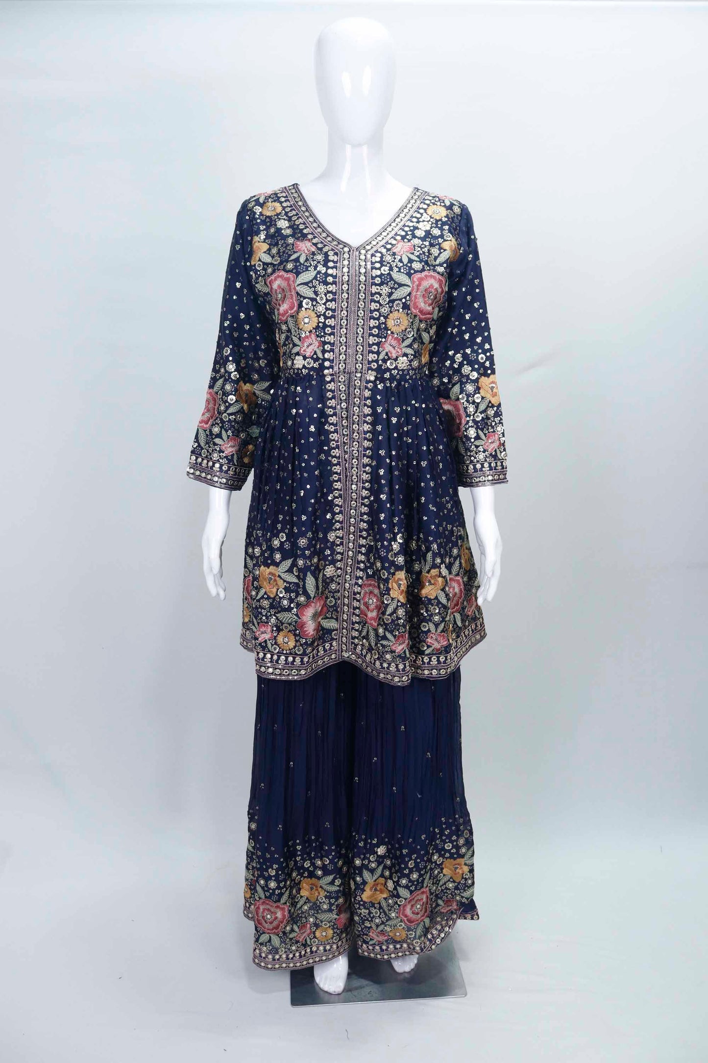 Navy Blue Sharara Suit with Mirror Work, Floral Embroidery, and Matching Dupatta