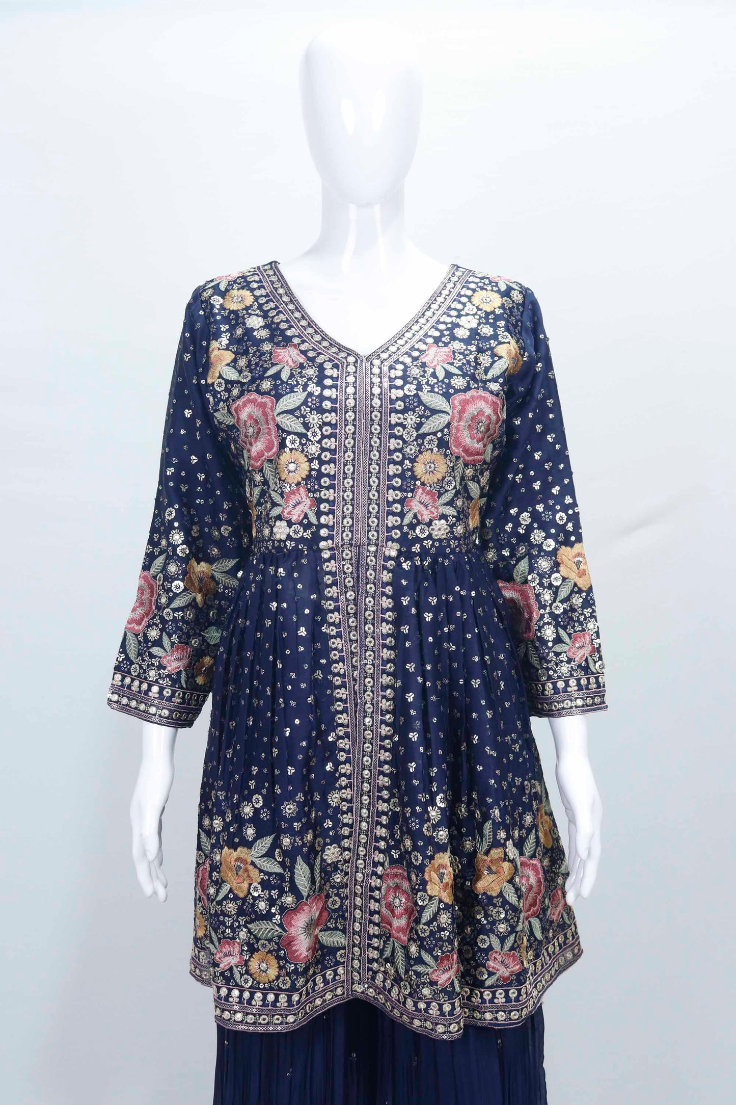 Navy Blue Sharara Suit with Mirror Work, Floral Embroidery, and Matching Dupatta