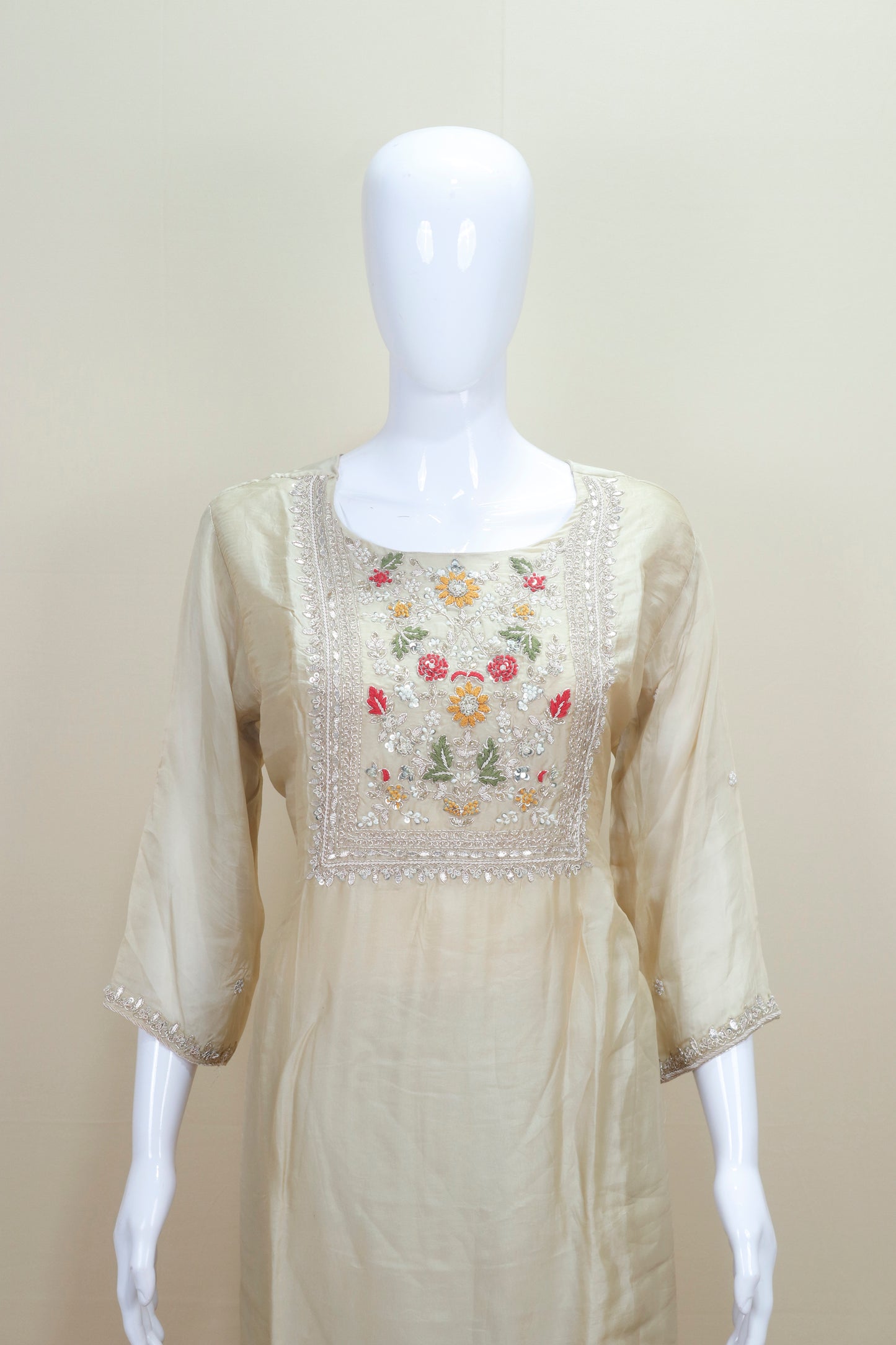 Beige Organza Sharara Suit with Floral Embroidered Kurti and Dupatta