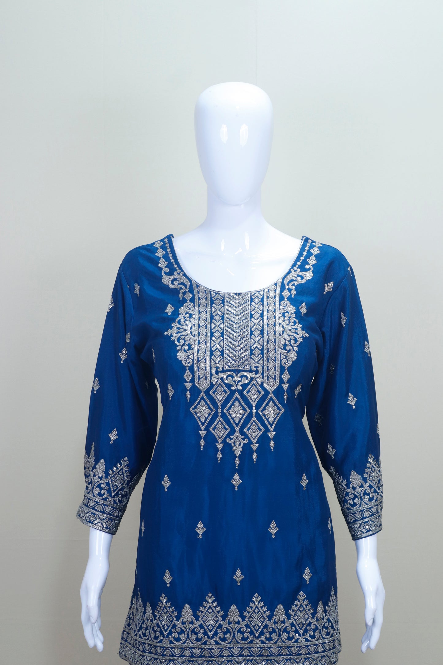 Royal Blue Georgette Sharara Suit with Silver Embroidery and Net Dupatta