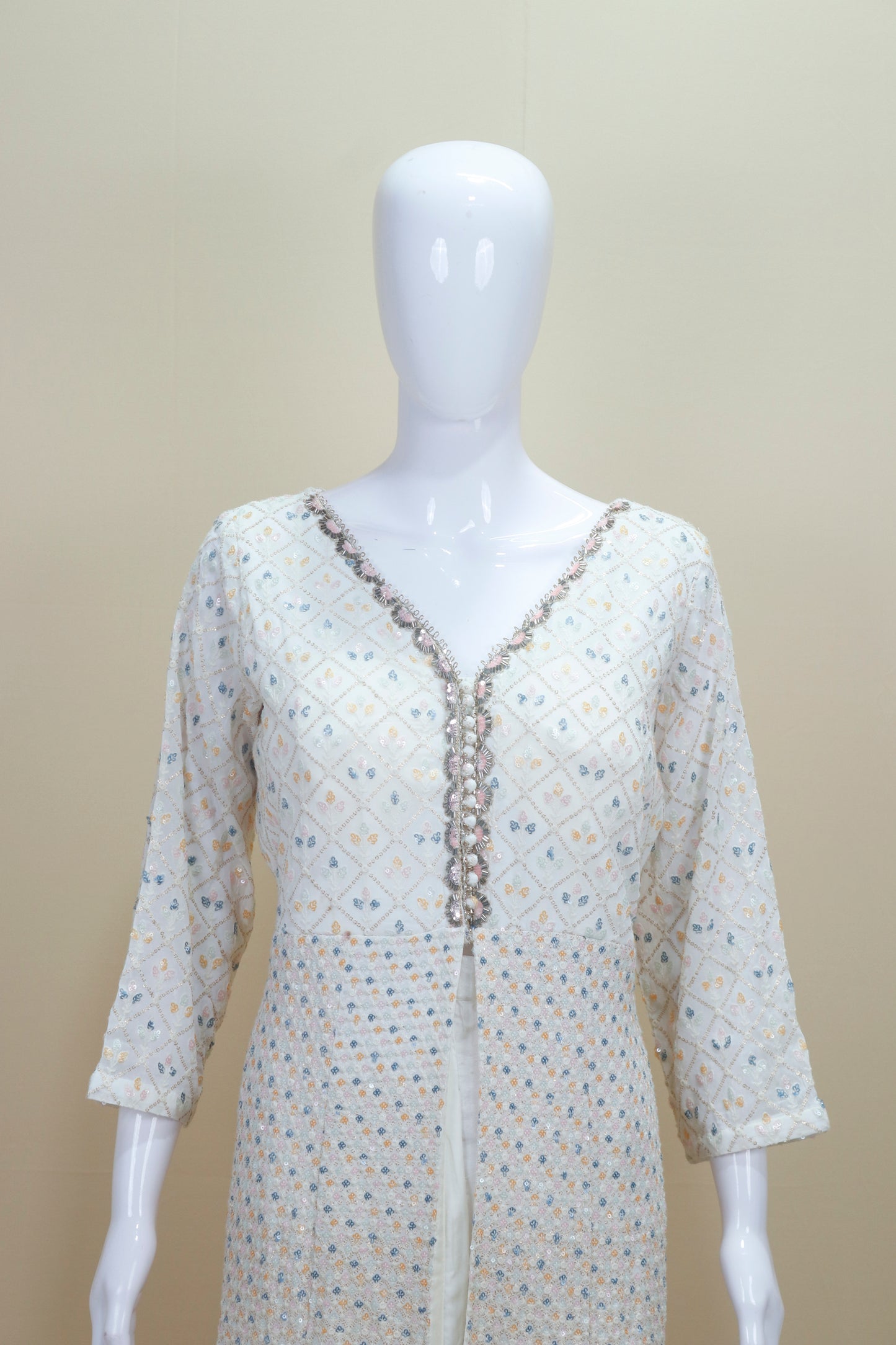 White Mirror Work Anarkali Kurta Set with Multicolor Bandhani Dupatta