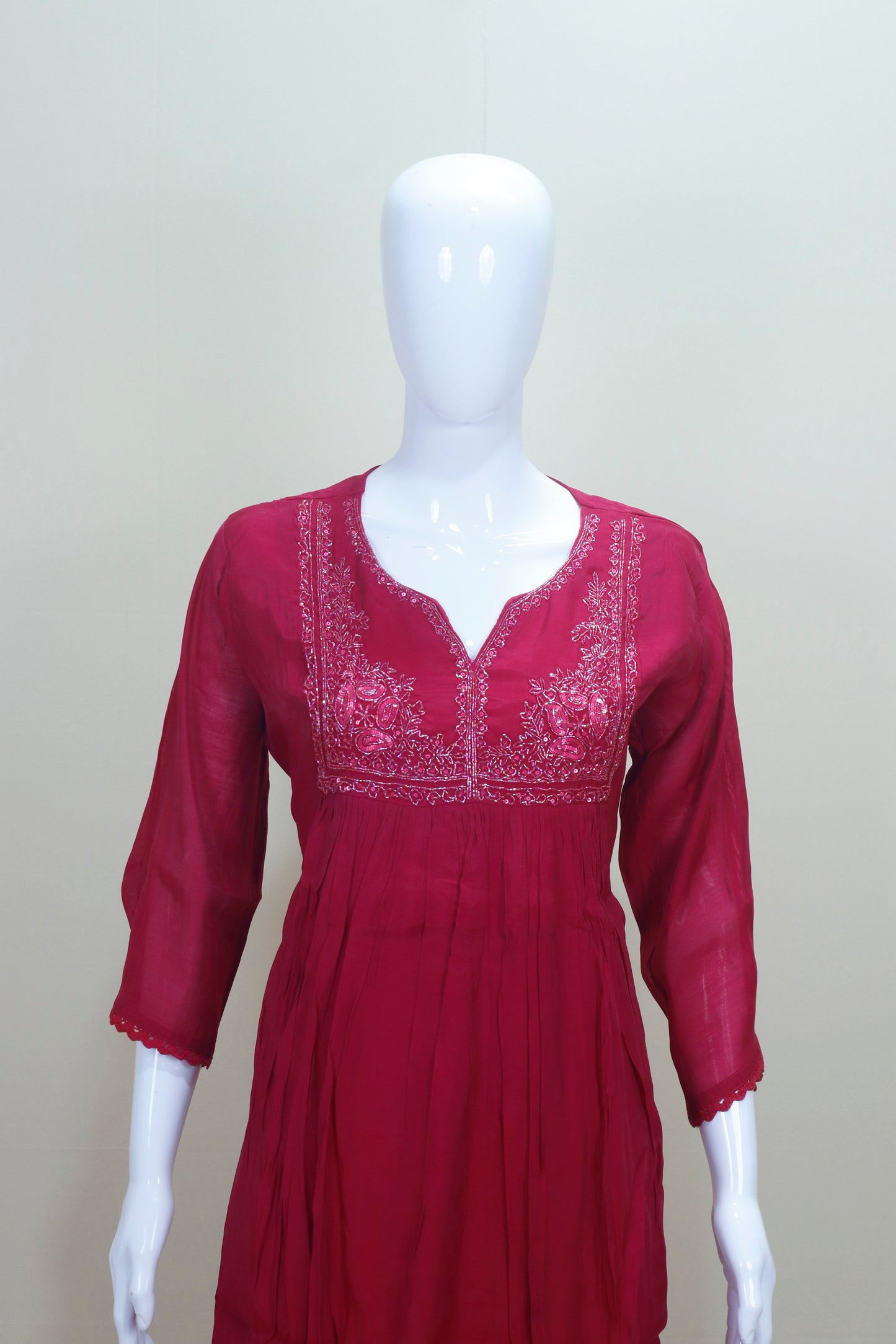 Wine Red Georgette Kurta Set with Embroidered Neckline and Dupatta