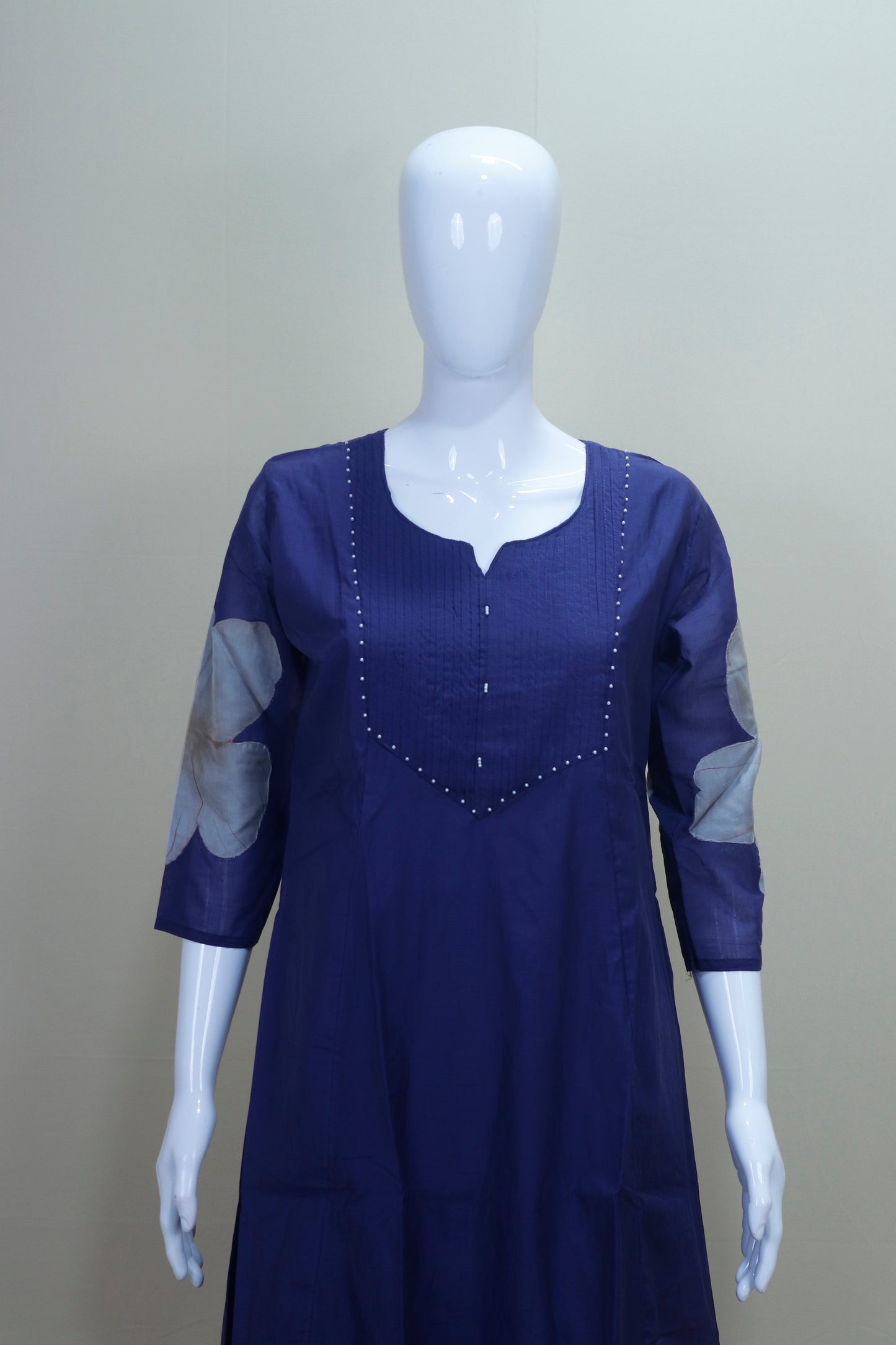 Royal Blue Cotton Kurta Set with Printed Organza Dupatta Bead Detailing