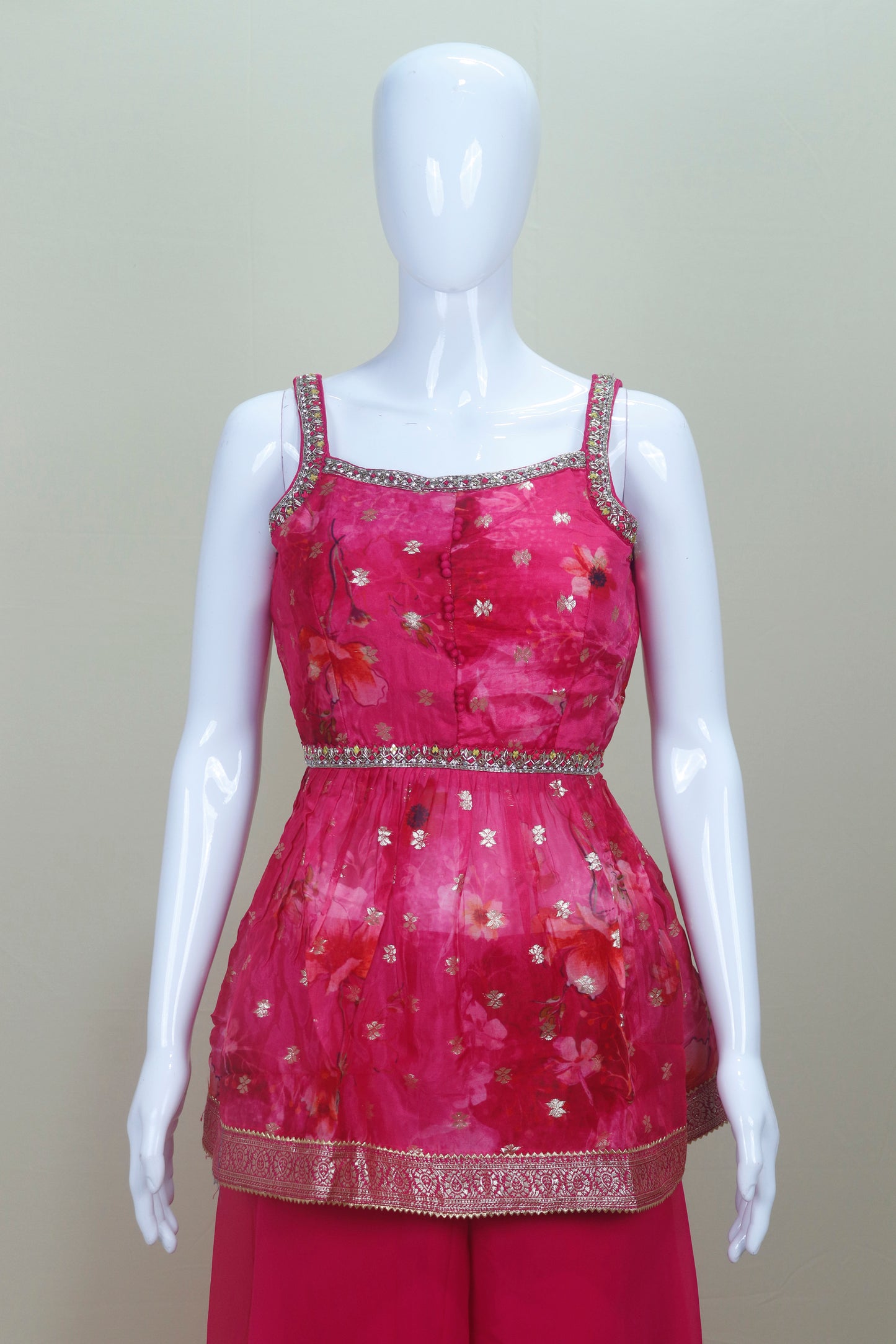 Pink Floral Organza Peplum Kurta with Sharara Pants and Dupatta