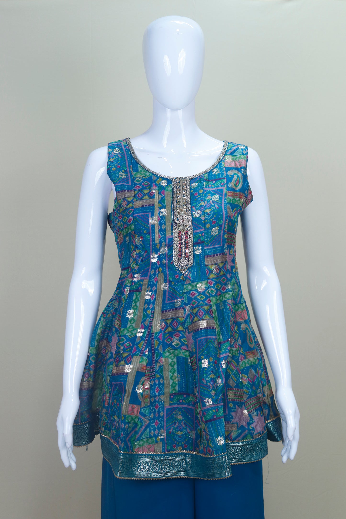 Designer Blue Printed Organza Peplum Kurta with Sharara Pants and Dupatta