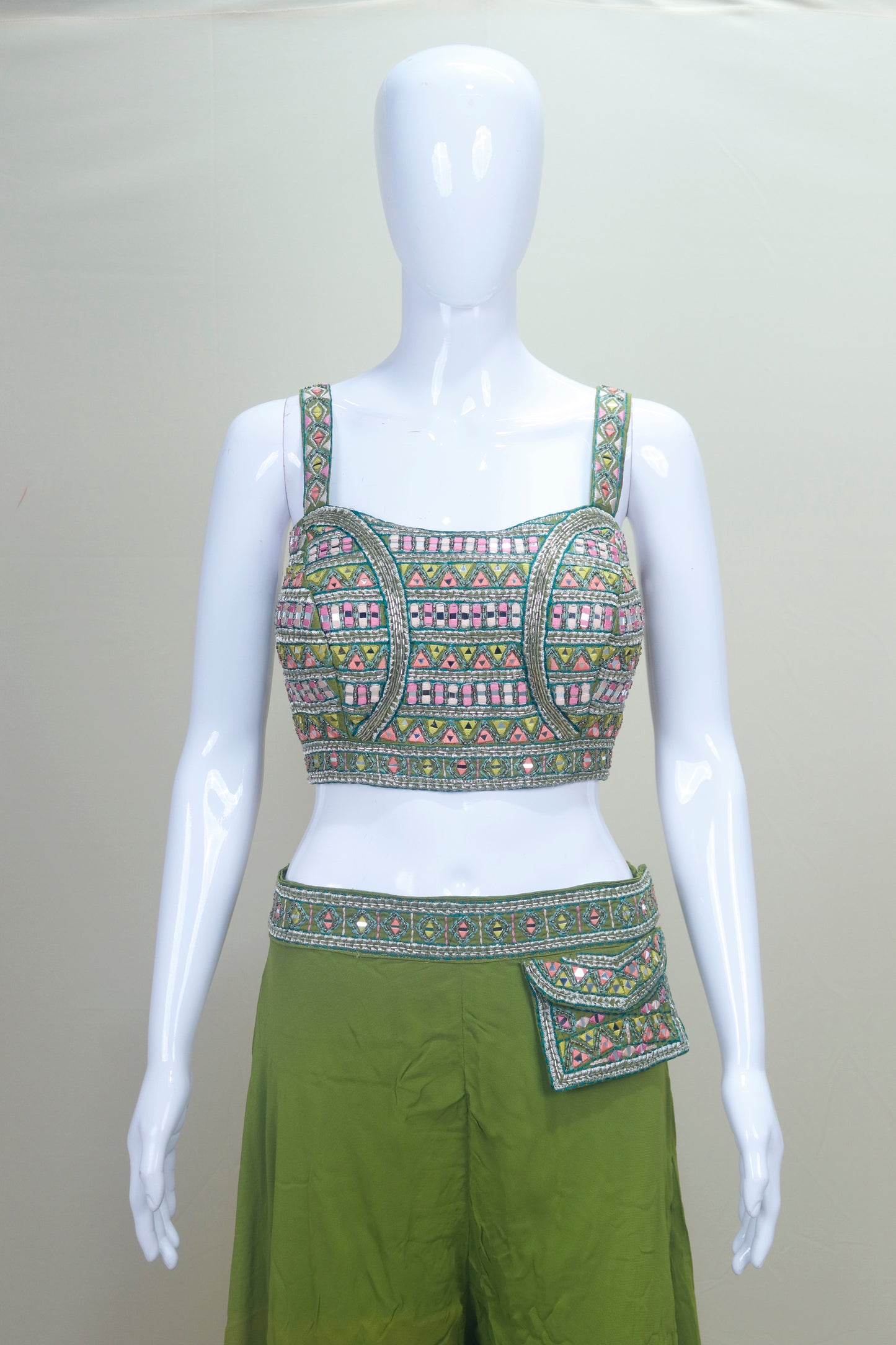 Women's Green Mirror Work Embroidered Crop Top with Palazzo Pants and Dupatta