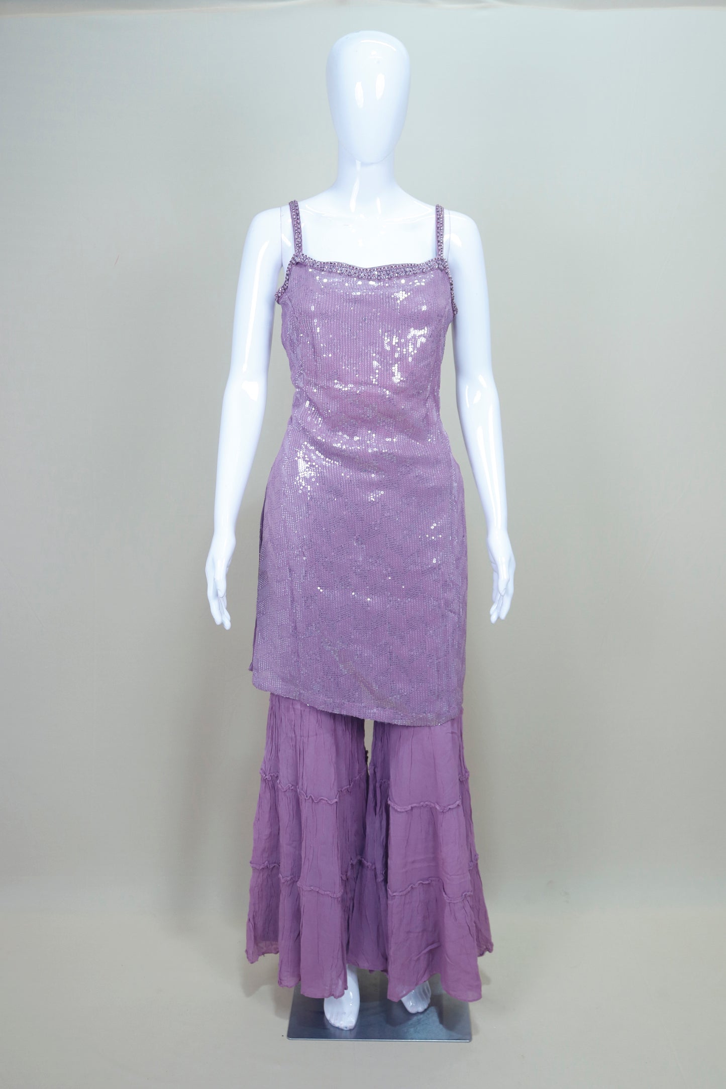 Lavender Sequin Strappy Kurta with Tiered Sharara Dupatta