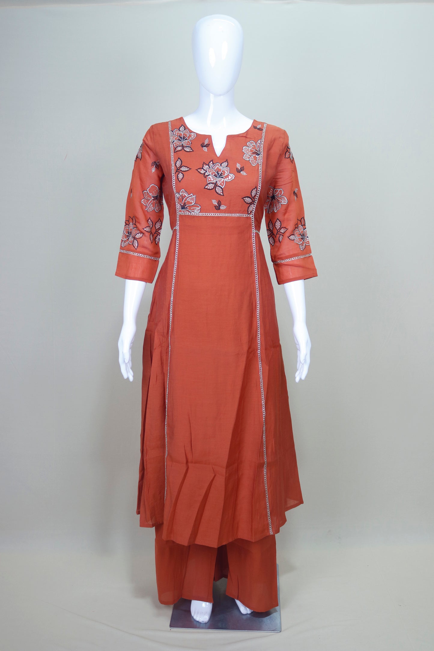Rust Orange Cotton Kurta Set with Floral Embroidery Palazzo