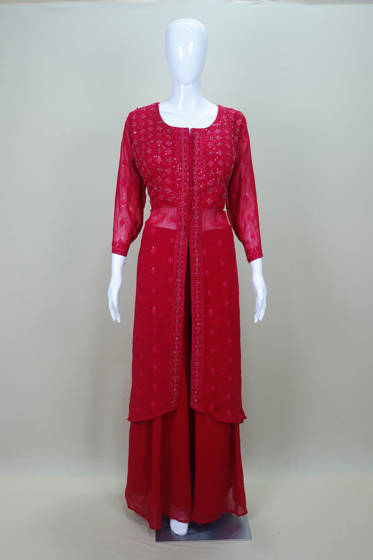 Red Georgette Embroidered Long Kurti with Palazzo and Dupatta
