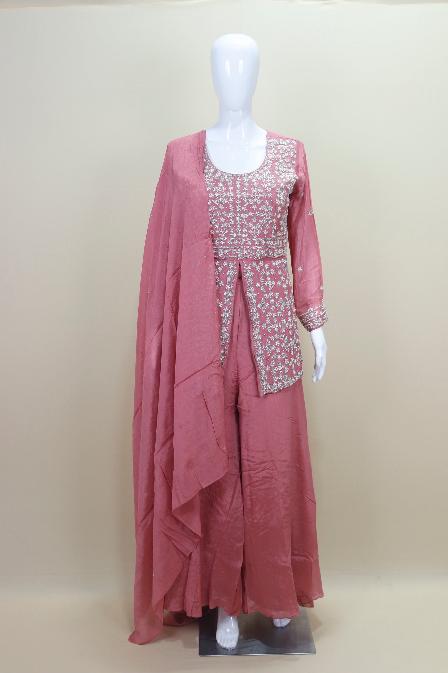 Dusty Pink Silk Embroidered Palazzo Suit with Dupatta