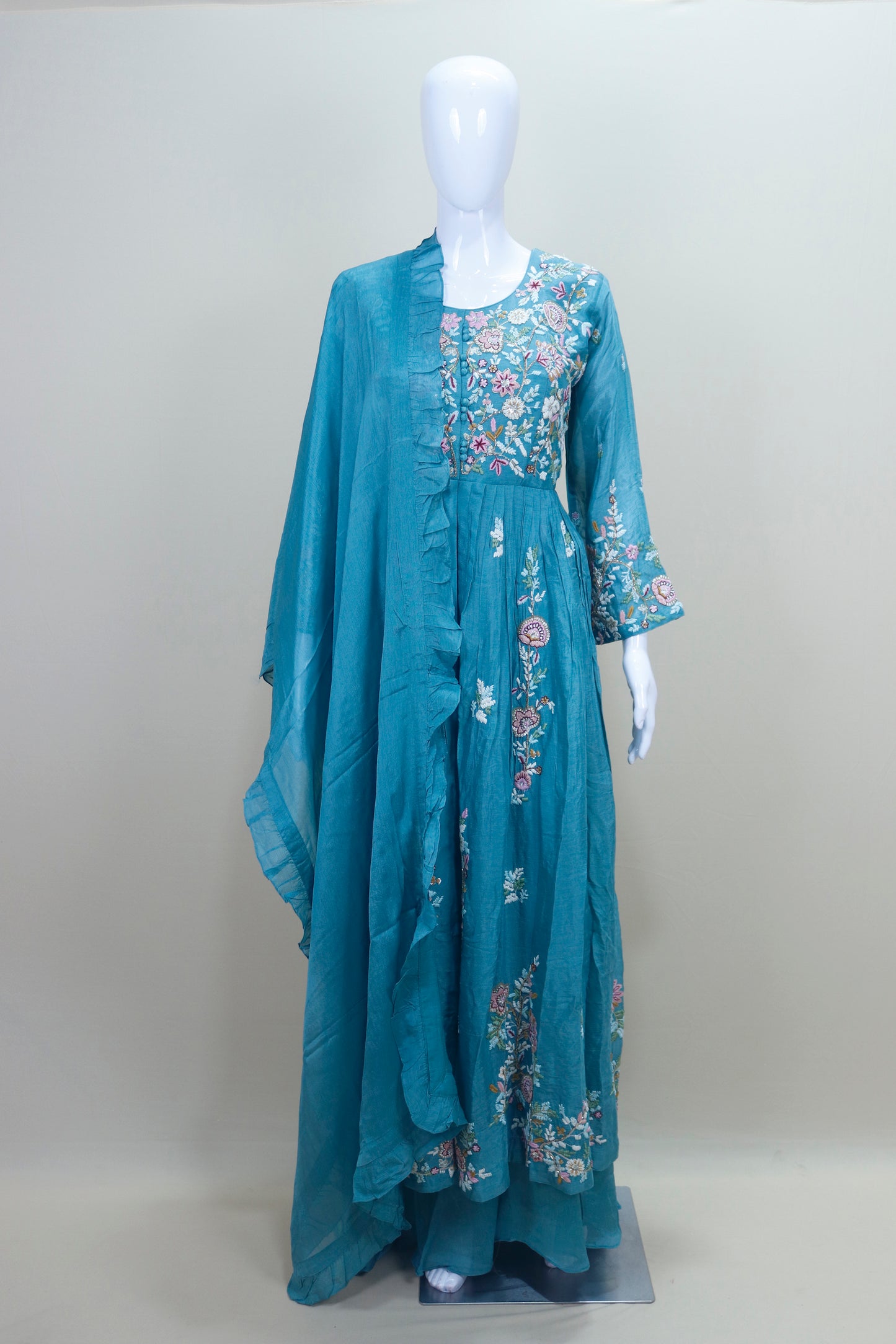 Teal Blue Floral Embroidered Anarkali Suit with Matching Dupatta