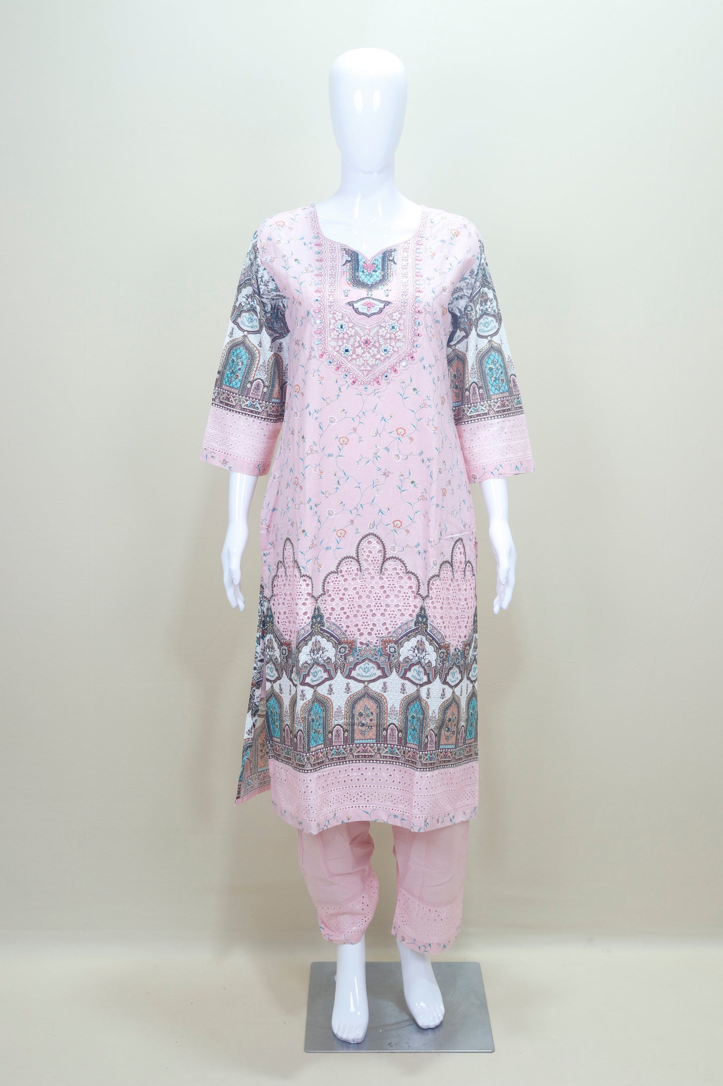 Light Pink Printed Cotton Salwar Kameez with Embroidered Neckline and Dupatta