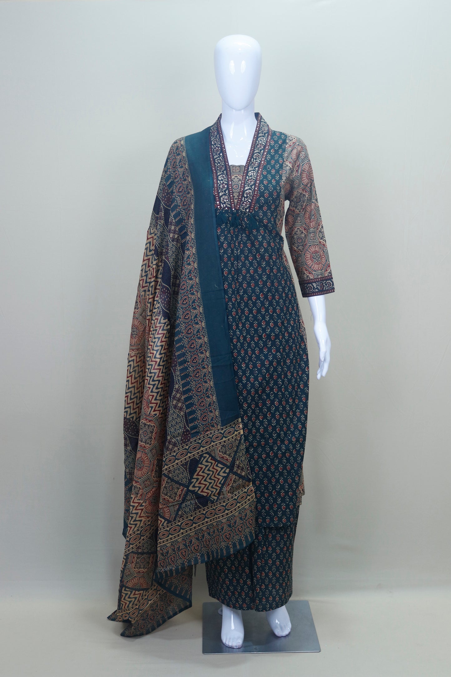 Elegant Dark Teal Cotton Salwar Suit with Ajrak Print & Matching Dupatta