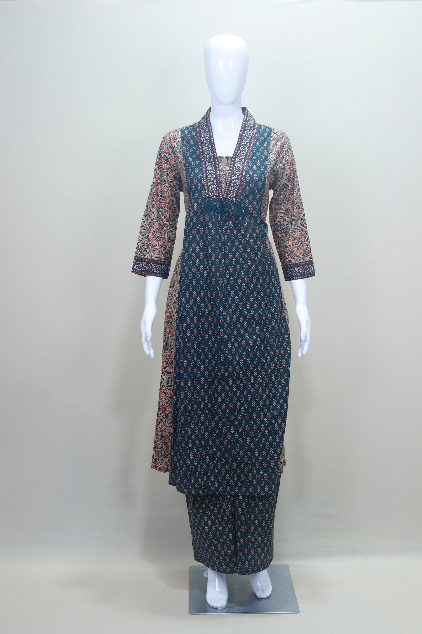 Elegant Dark Teal Cotton Salwar Suit with Ajrak Print & Matching Dupatta