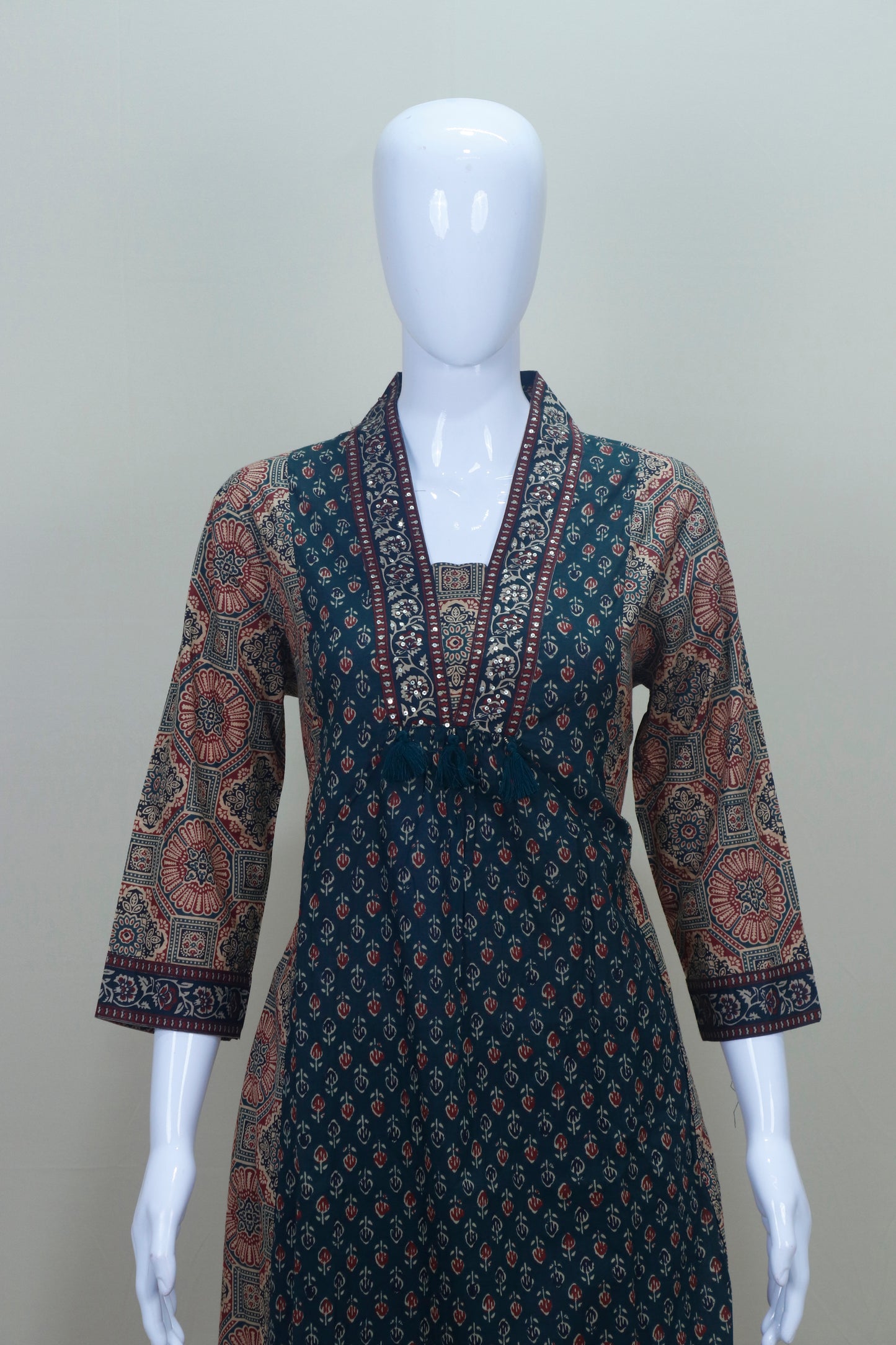 Elegant Dark Teal Cotton Salwar Suit with Ajrak Print & Matching Dupatta