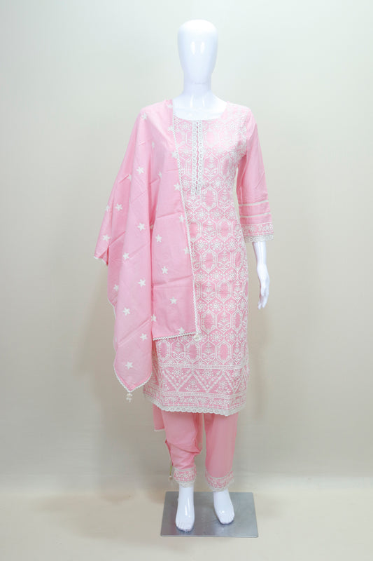 Pastel Pink Chikankari Embroidered Cotton Salwar Suit with Dupatta