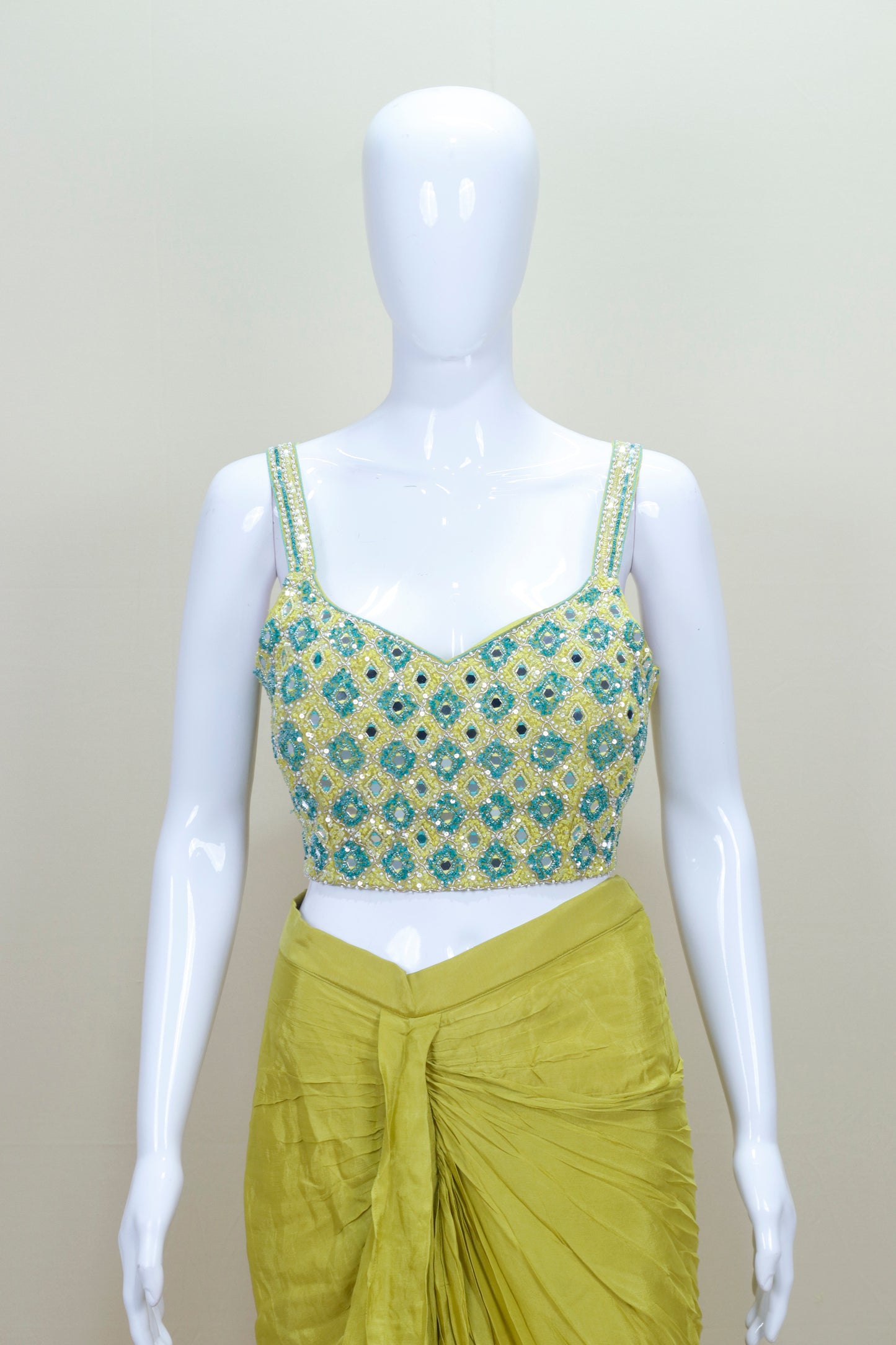 Lime Green Pre Draped Saree Women’s Designer Party Wedding Wear