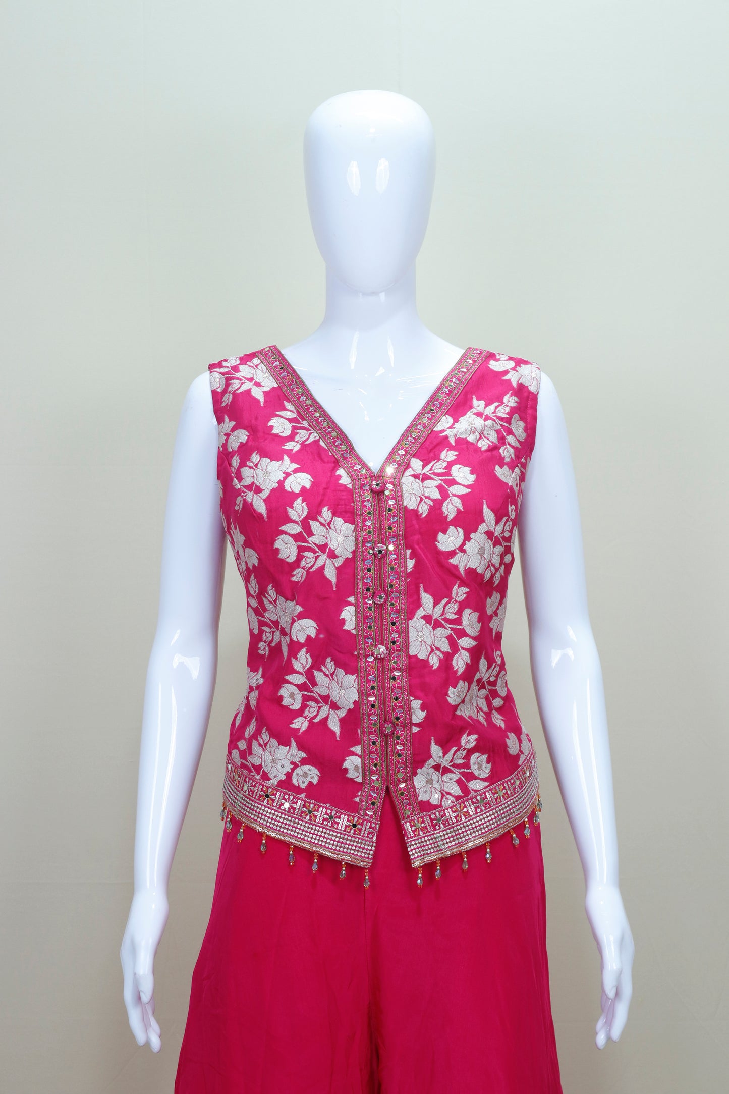 Hot Pink Sleeveless Embroidered Jacket with Palazzo Set Women’s Festive Party Wear