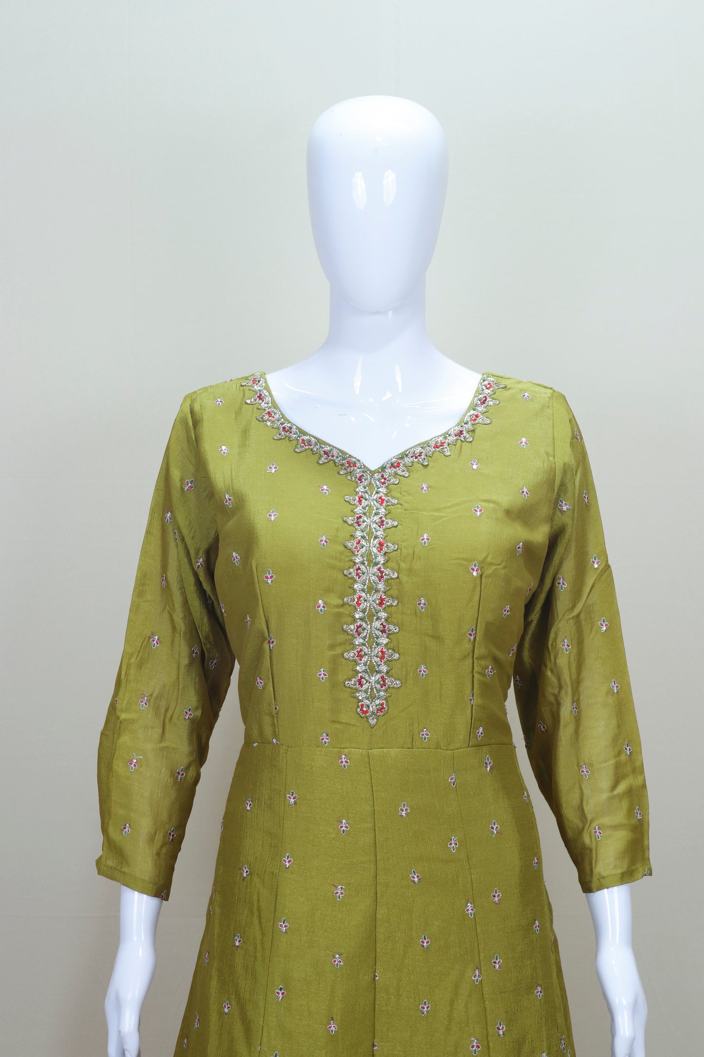 Olive Green Embroidered Anarkali Suit with Pink Banarasi Dupatta Women’s Festive Wedding Wear