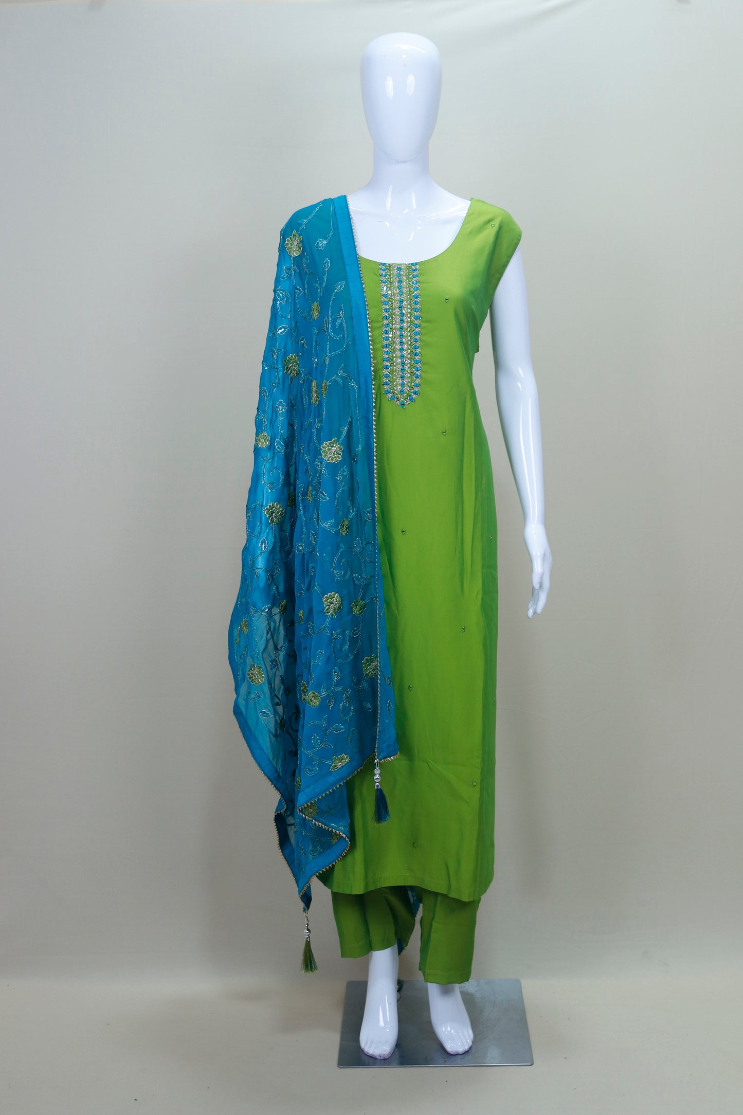 Green Silk Straight Kurta Pant Set with Blue Embroidered Dupatta for Women Party Festive Wear
