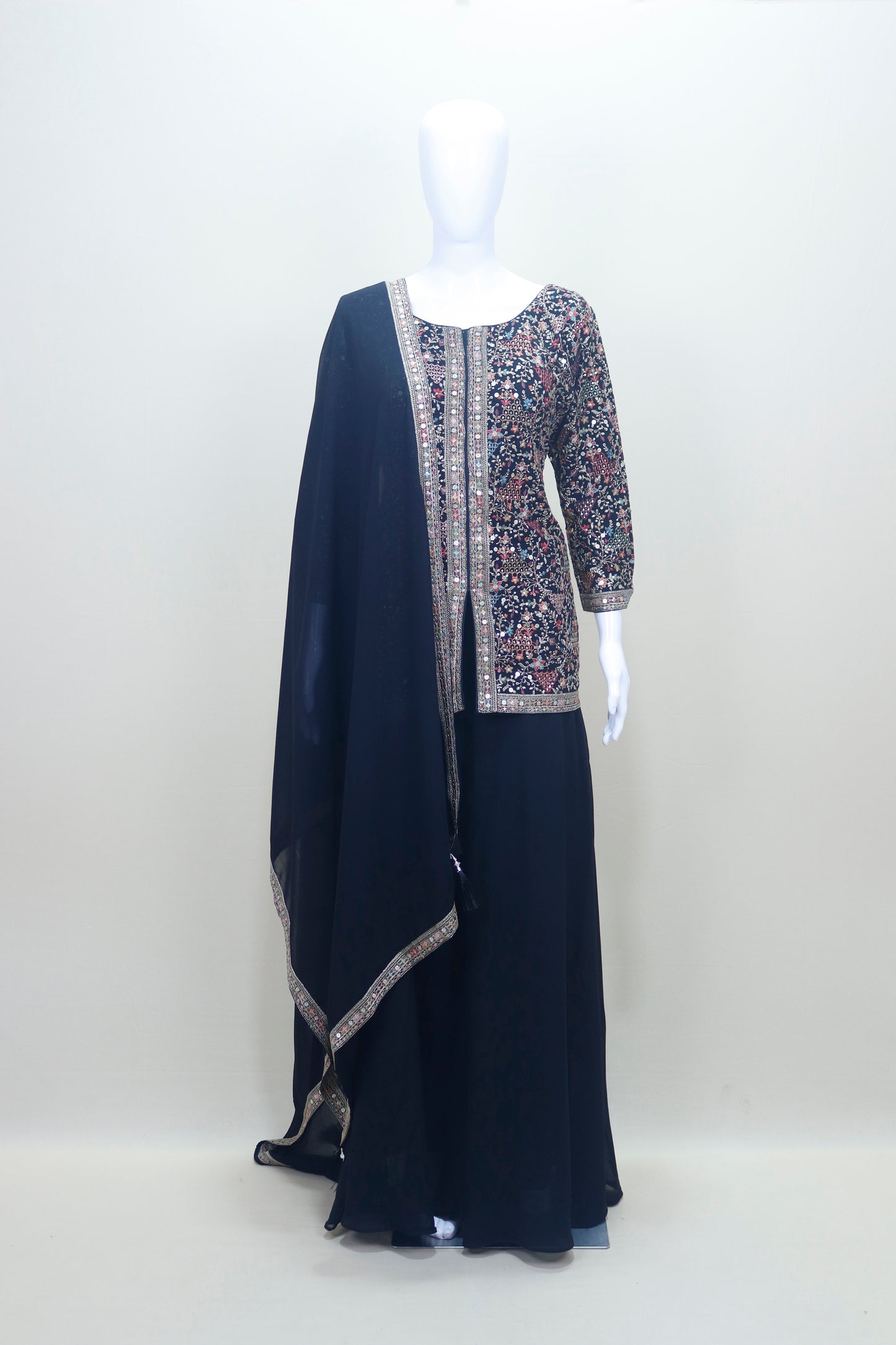 Designer Black Georgette Sharara Suit Kurti and Dupatta Party Wear