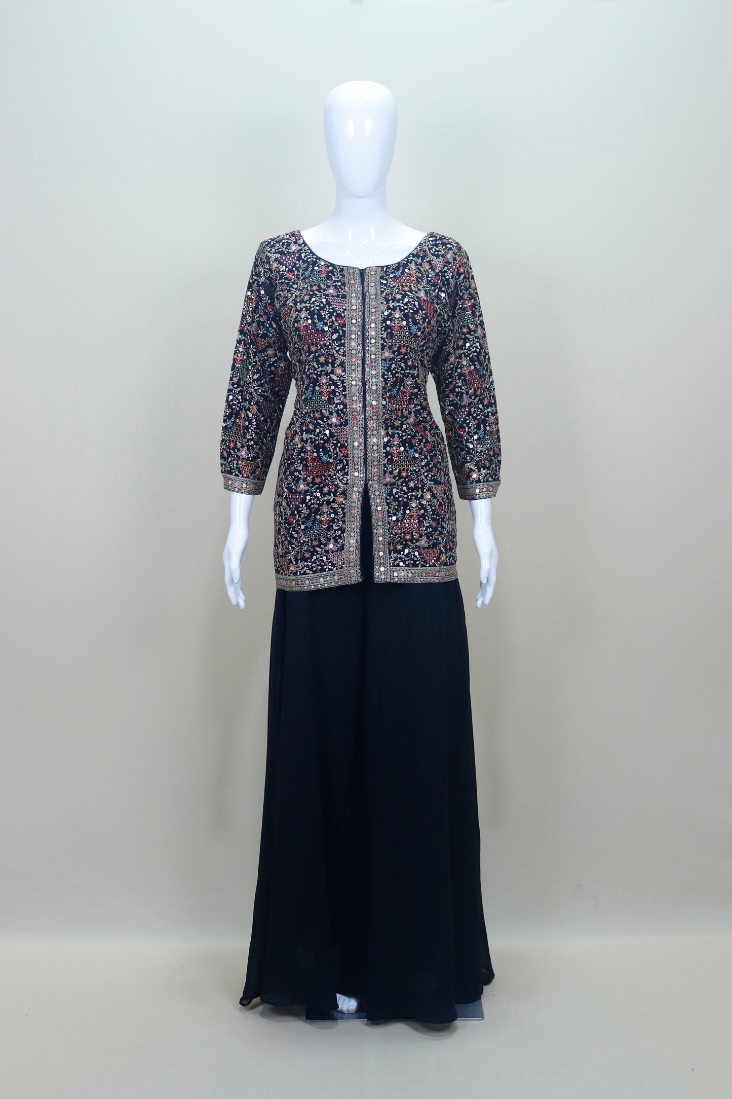 Designer Black Georgette Sharara Suit Kurti and Dupatta Party Wear