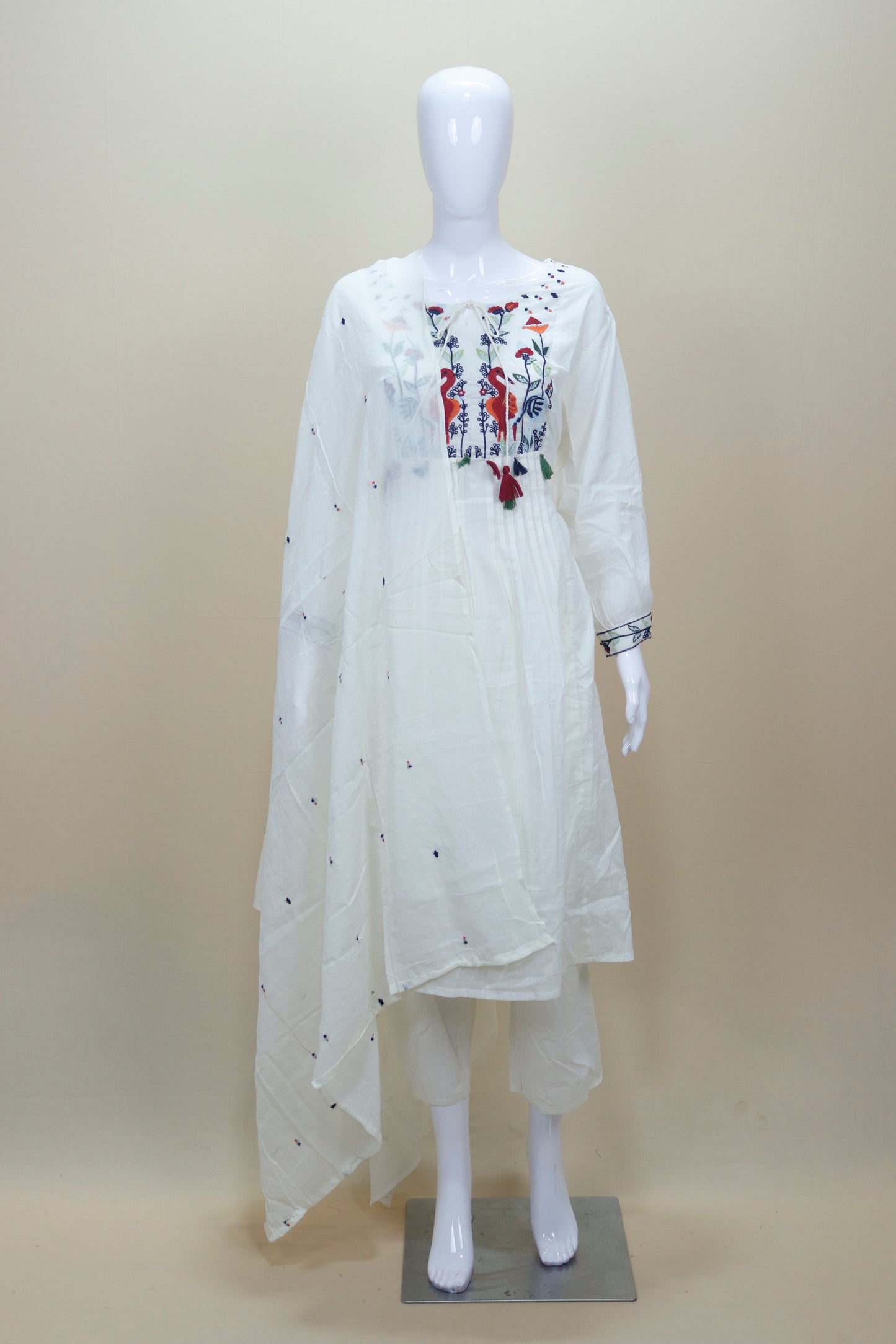 White Cotton Embroidered Kurta Set with Dupatta