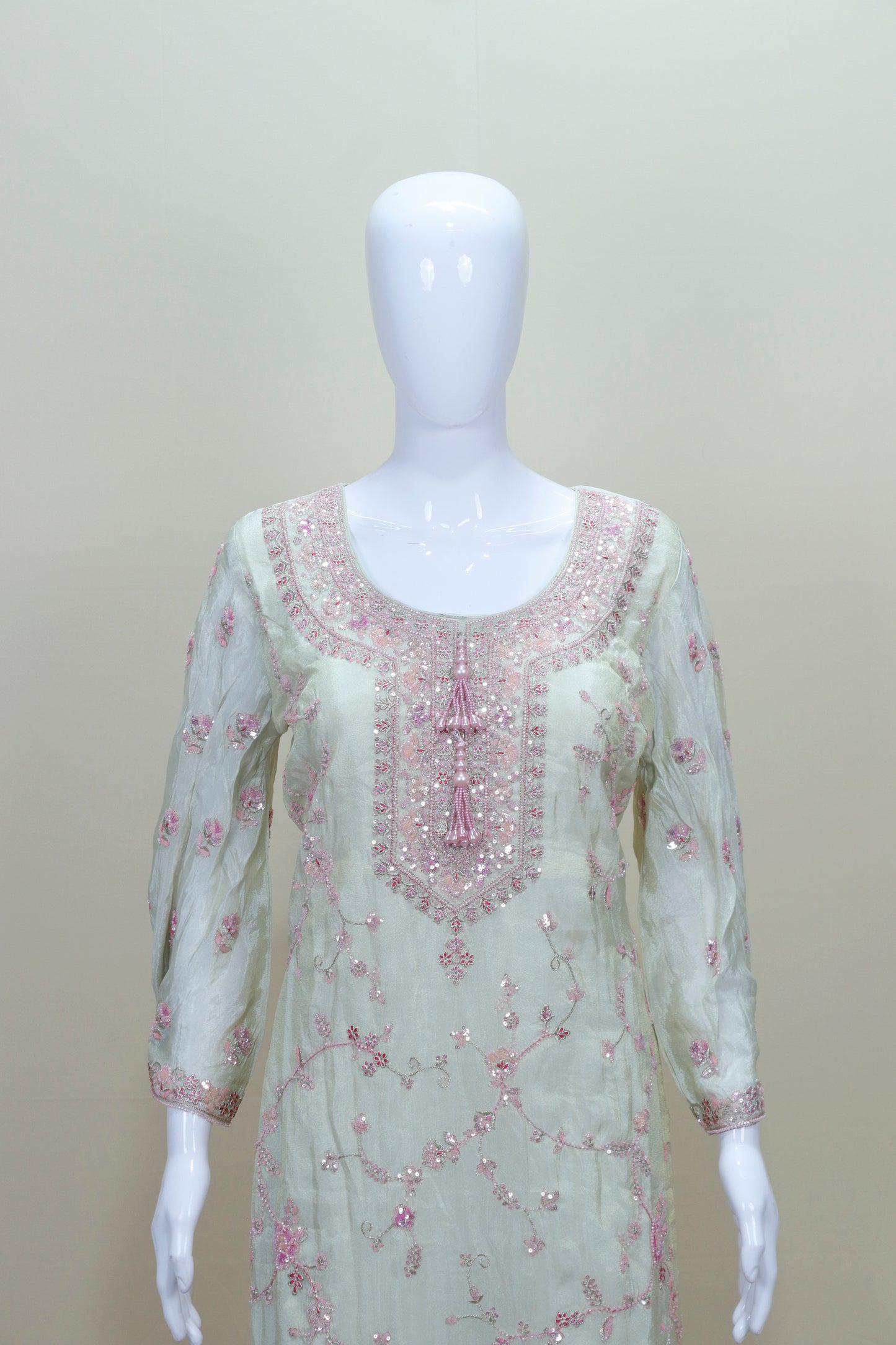Pastel Green and Pink Embroidered Palazzo Suit with Dupatta