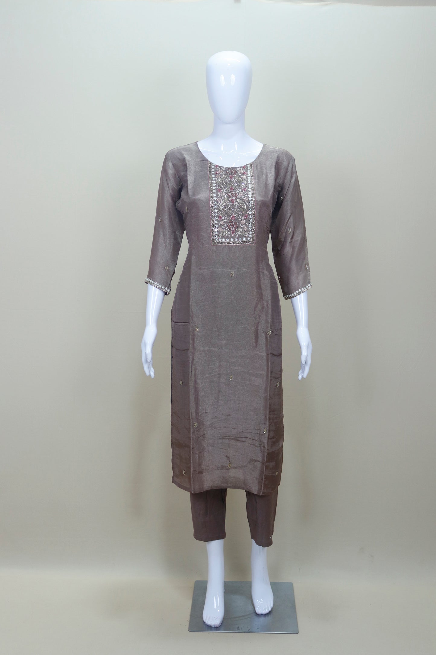 Elegant Grey Embroidered Straight Suit with Printed Dupatta