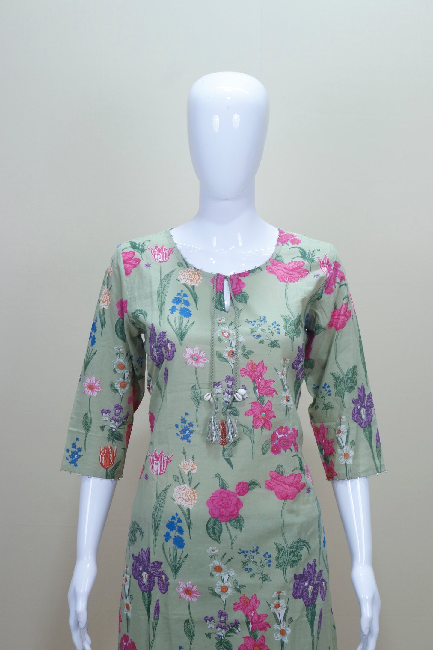 Light Green Floral Printed Cotton Suit with Dupatta