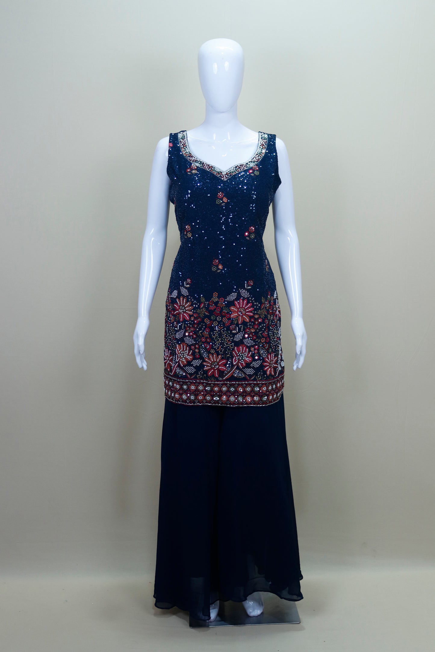 Navy Blue Sequin Embroidered Sharara Suit with Dupatta