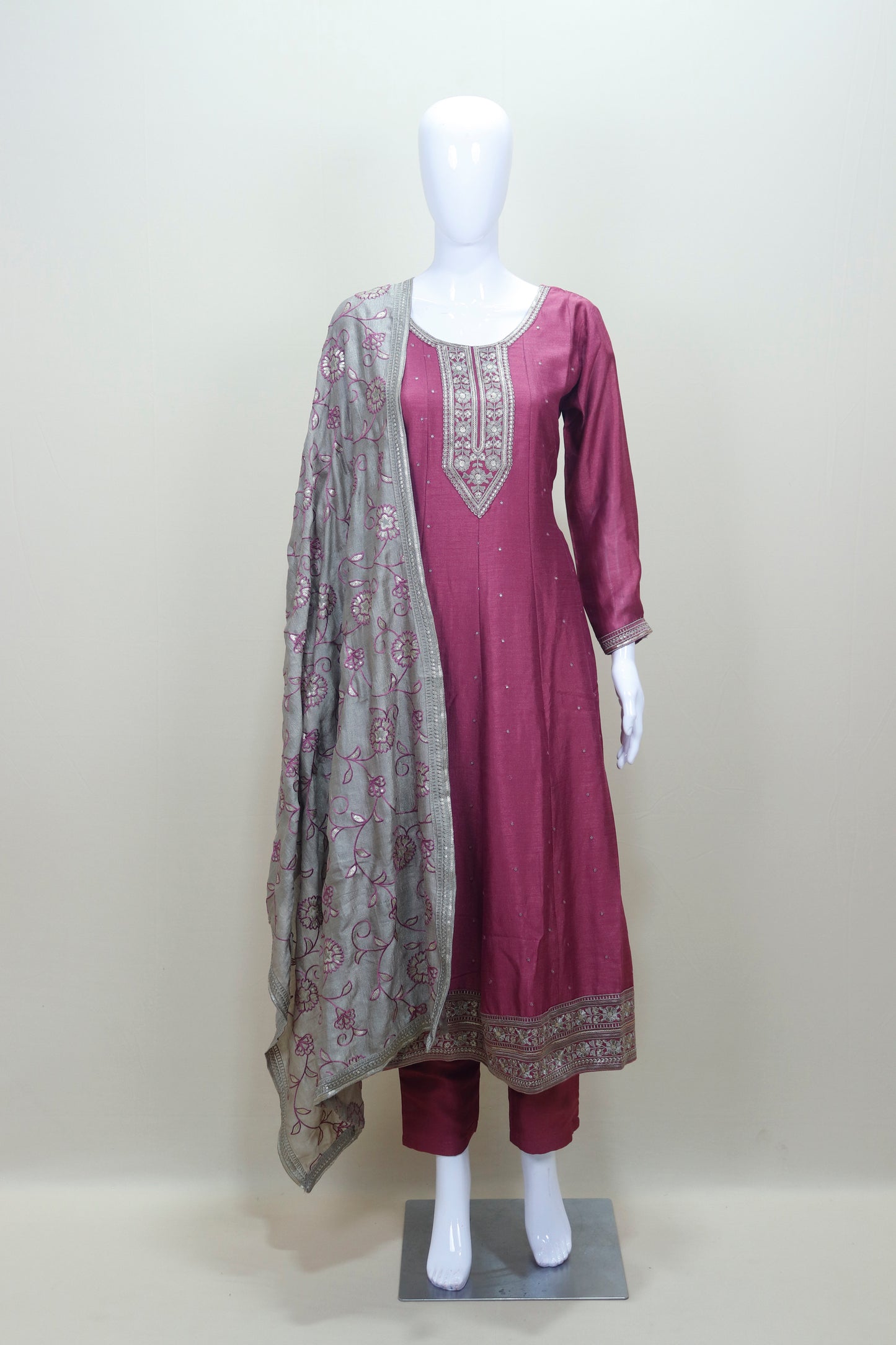 Designer Wine Silk Embroidered Salwar Suit with Dupatta