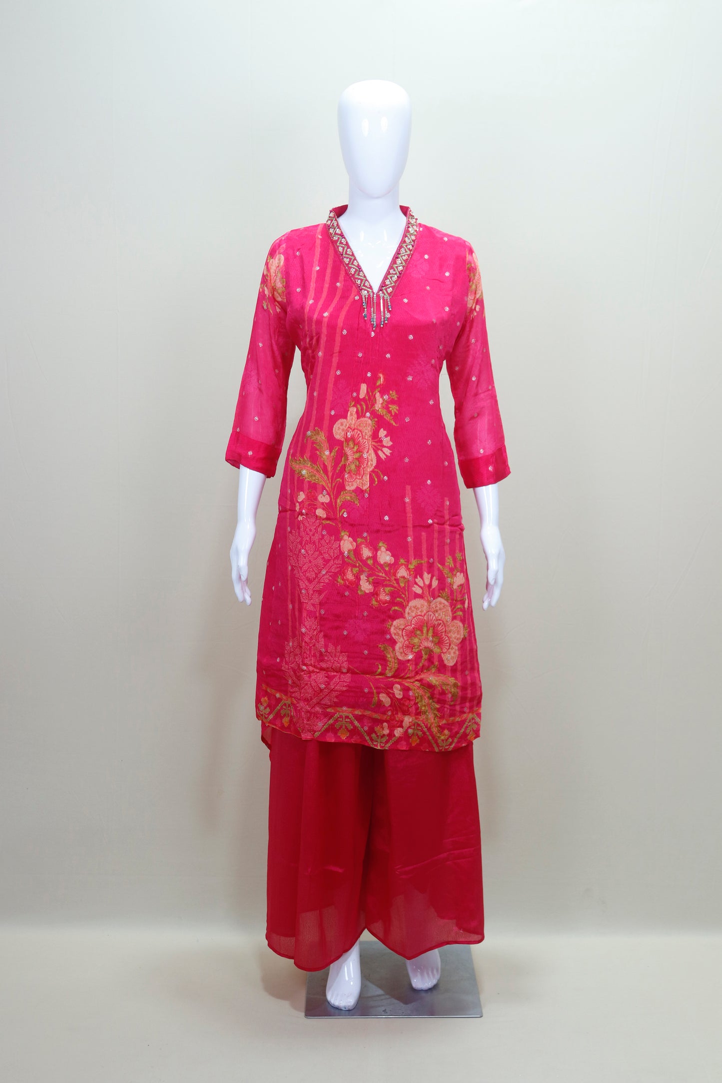 Bright Pink Floral Printed Kurta Set with Palazzo Dupatta Ethnic Wear