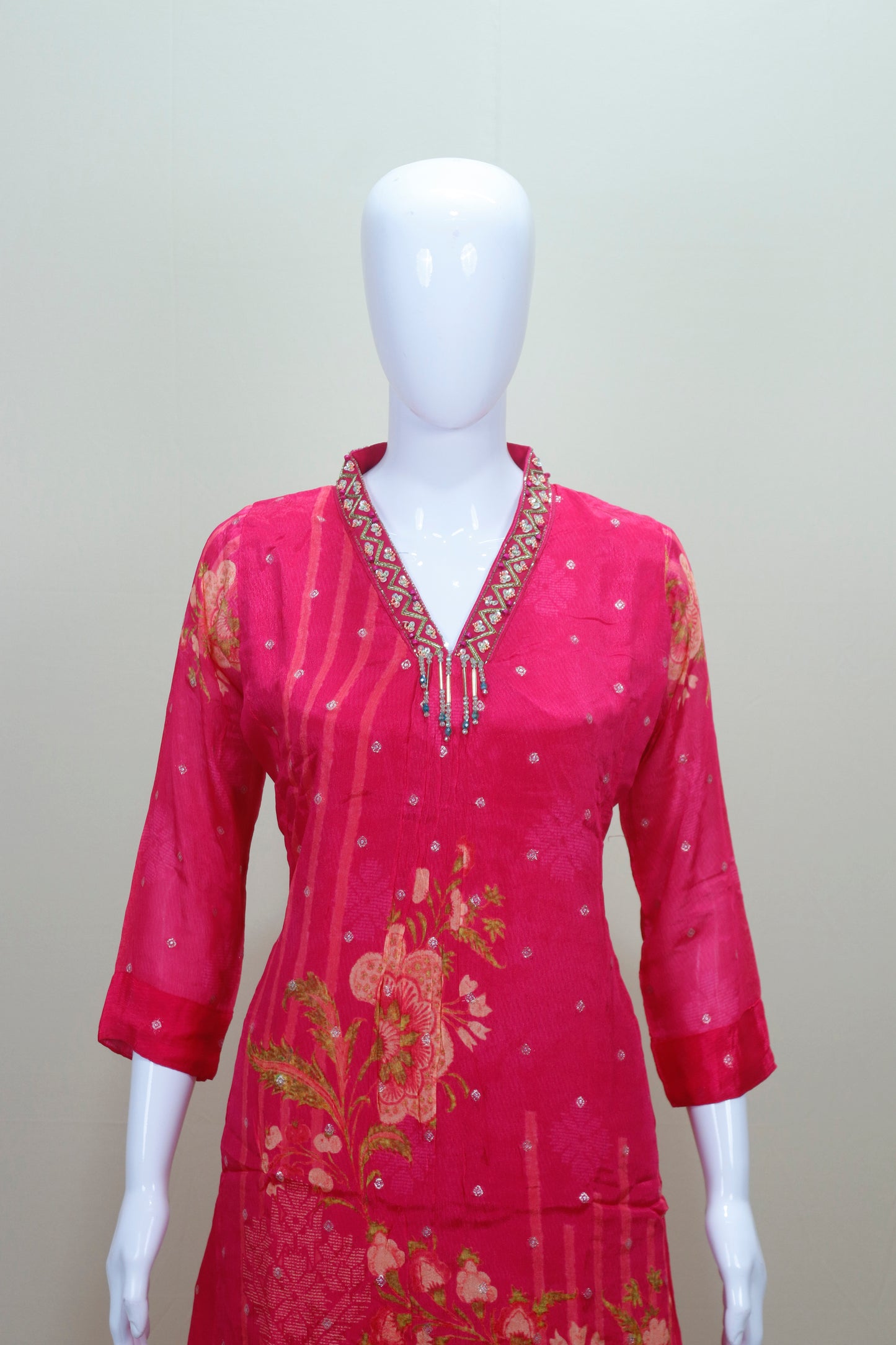 Bright Pink Floral Printed Kurta Set with Palazzo Dupatta Ethnic Wear