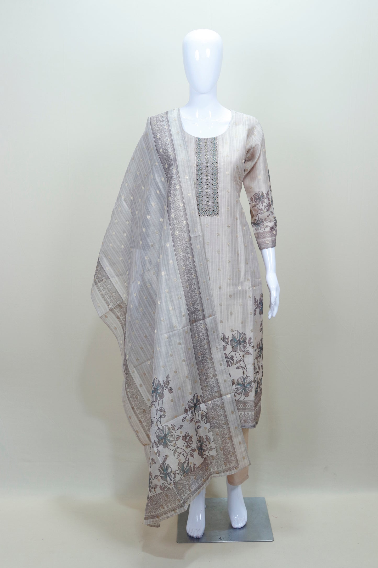 Beige Printed Cotton Suit Set Kurta Dupatta