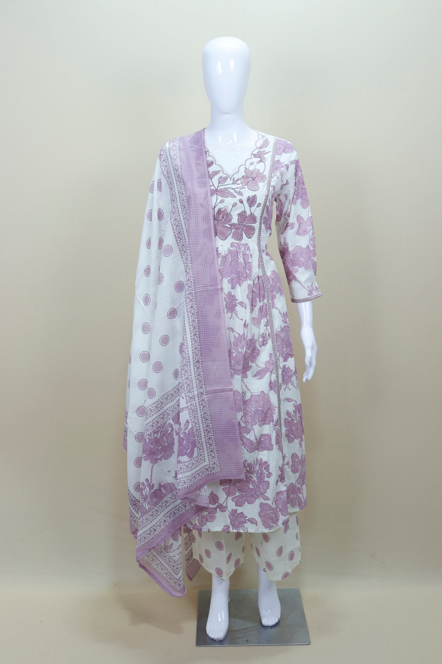 White and Lavender Floral Printed Cotton Salwar Suit with Dupatta