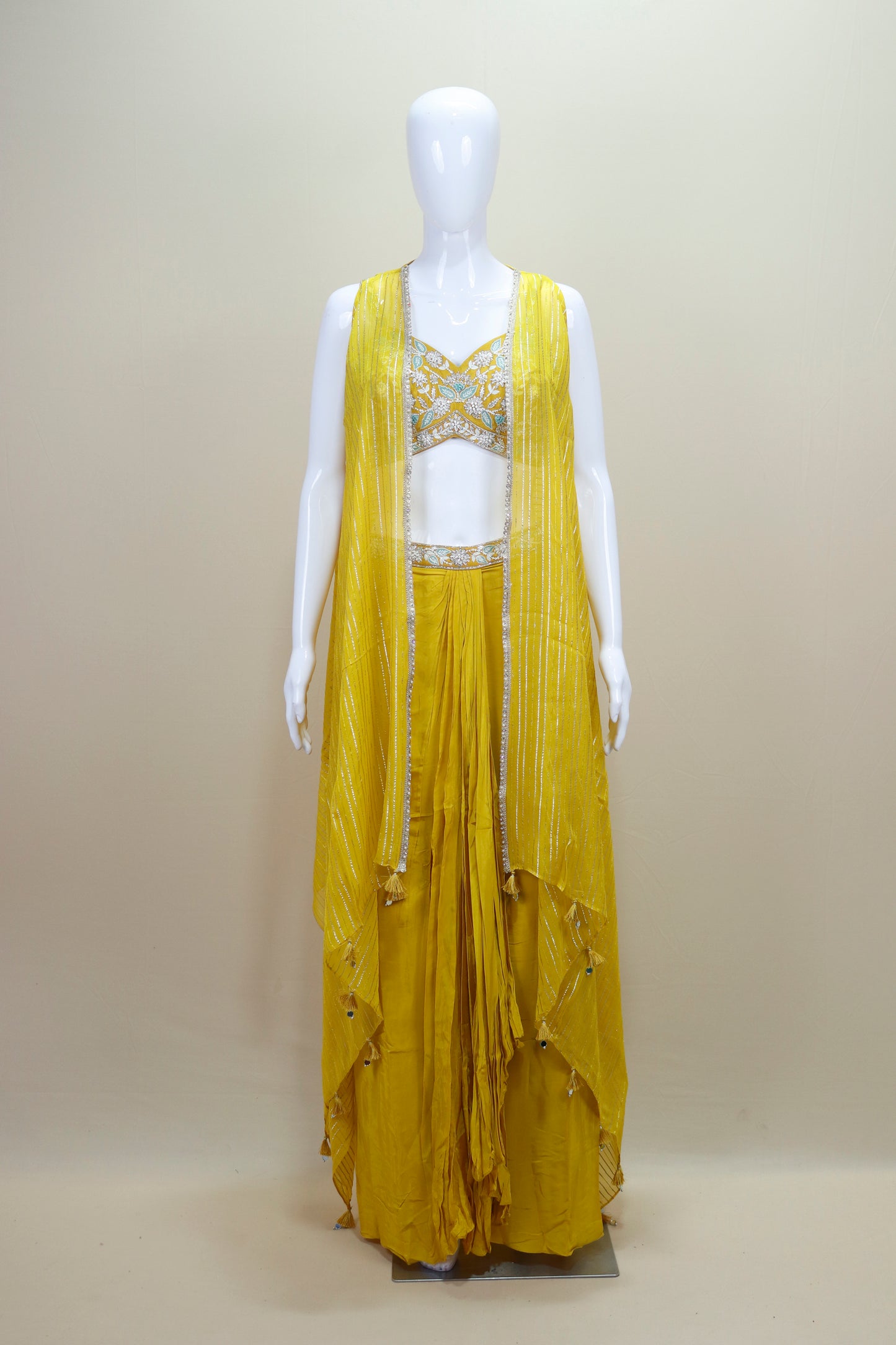 Designer Yellow Crop Top with Palazzo and Long Shrug Set