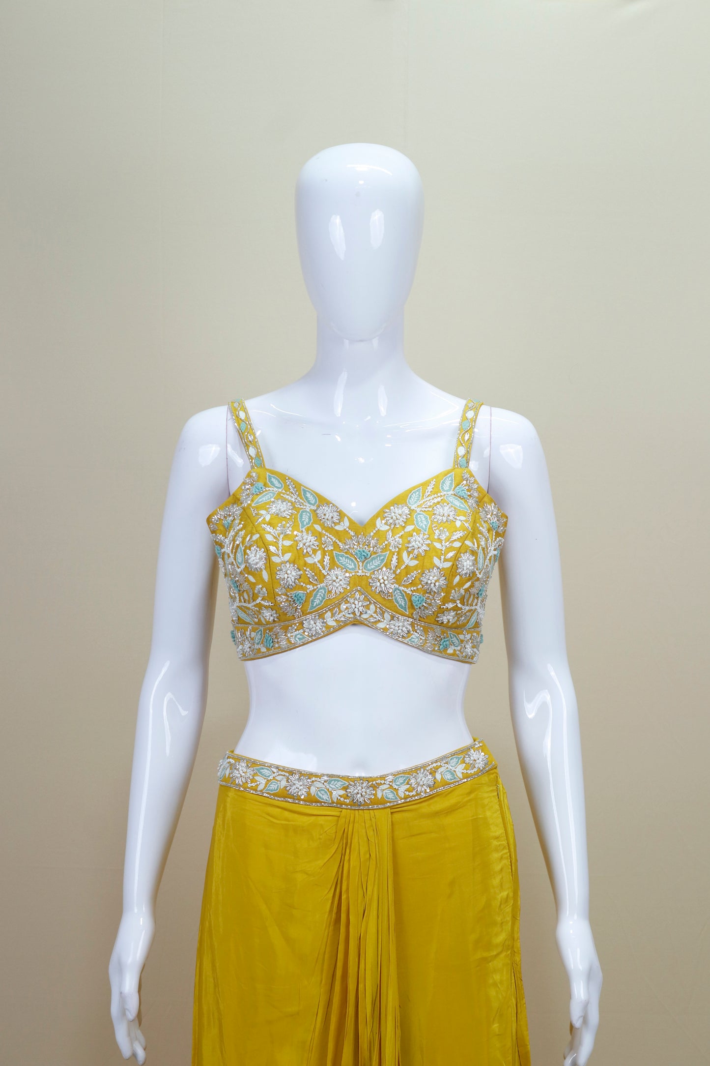 Designer Yellow Crop Top with Palazzo and Long Shrug Set