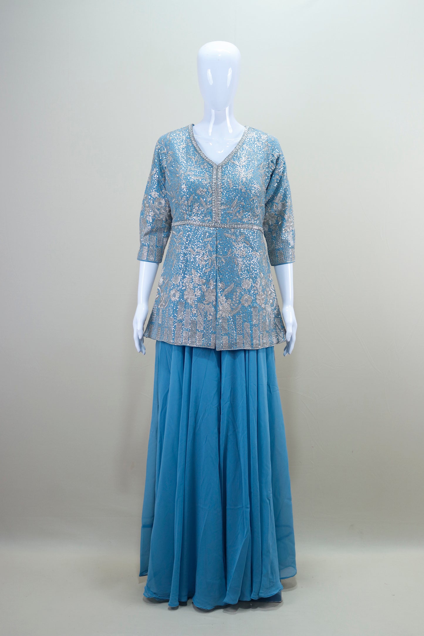 Designer Sky Blue Peplum Top with Flared Skirt Party Wear